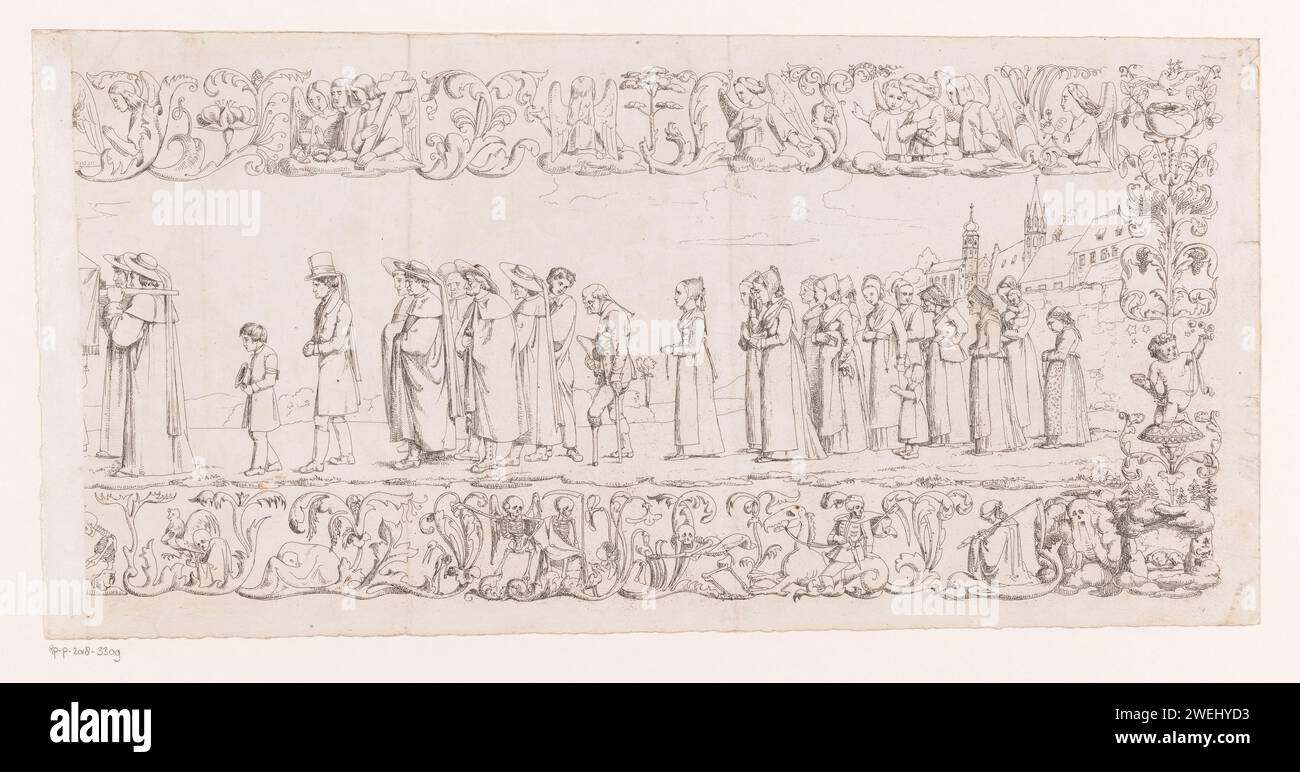 Trauerprozession (rechter Teil), Karl Sandhaas, 1825 Druckpapier-Ätzkortege, Trauerprozession. Symbole des Todes. Engel Stockfoto