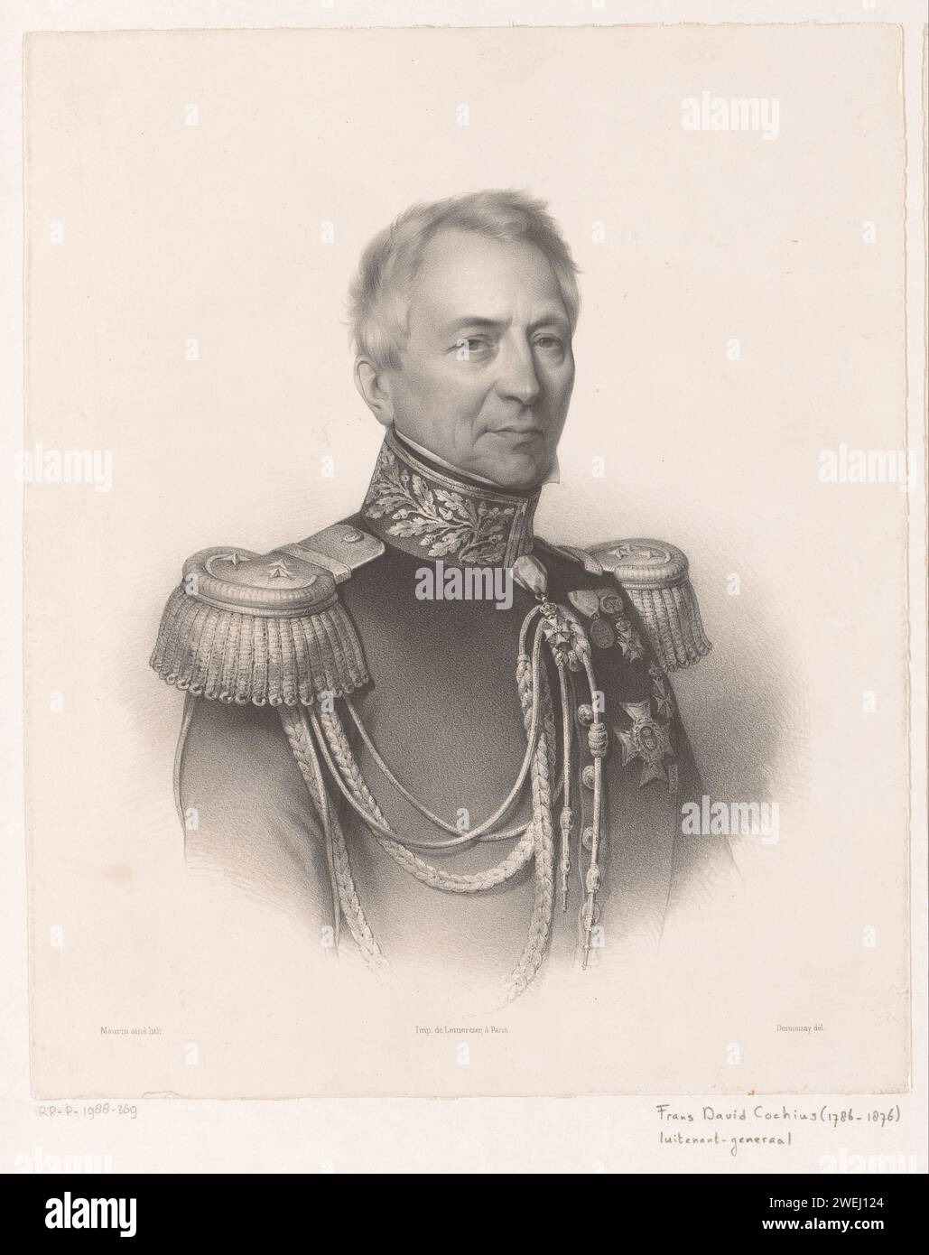 Portret van Frans David Cochius, Antoine Maurin, nach Augustin Luc Demoussy, 1848 - 1887 Druckpapier historische Personen. Offizier Stockfoto