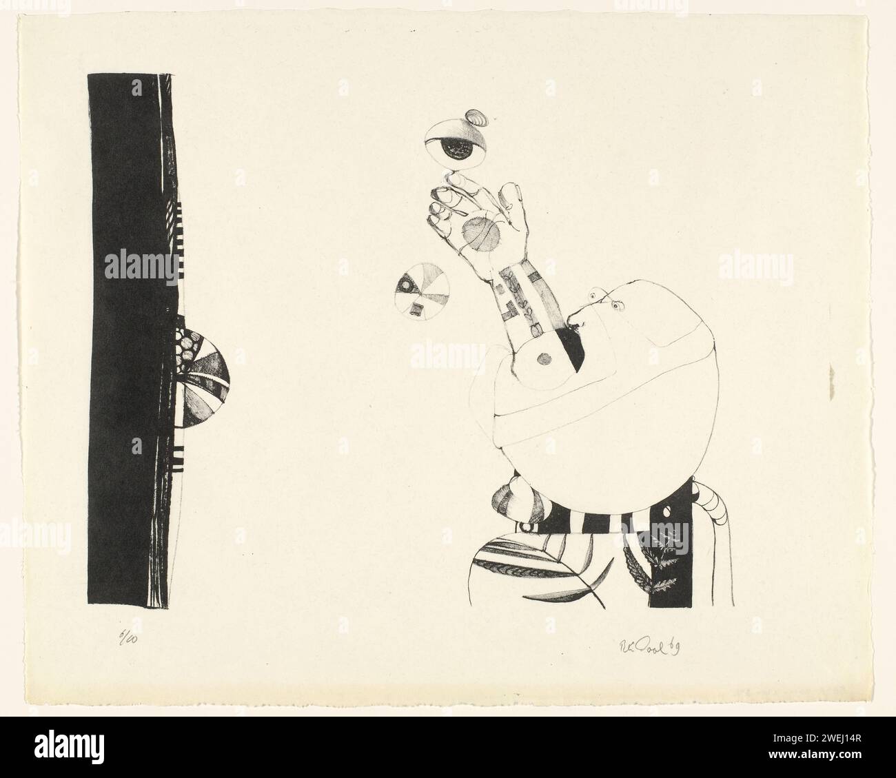 Mann mit großem Arm, rein Dool, 1969 Mann mit großem Arm, ein Auge auf seinen Zeigefinger. Papier Stockfoto