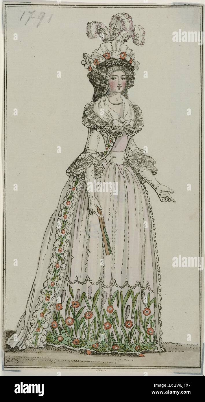 Journal of Luxury and Fashion, 1791. Dezember 1791 Frau aus Paris gekleidet in 'Vollem Anzuge' nach der neuesten Mode. Sie trägt ein Kleid, der Saum des Rockes ist mit einem Blumen- und Blattmotiv verziert. Kragen und drei Viertel der Ärmel mit zwei zerknitterten Stoffstreifen. Zubehör: Hut mit Straußen, Ohrringe, Halskette, Fichu, lange Handschuhe, Fan, Schuhe. Druck aus dem Modemagazin Journal des Luxus und der Moden, herausgegeben von Friedrich Justin Bertuch und Georg Melchior Kraus, Weimar, 1786-1826. Kleid zum Ätzen aus Papier, Kleid (+ Damenkleidung). Kopfbedeckung: Kappe (+ Frauen Stockfoto