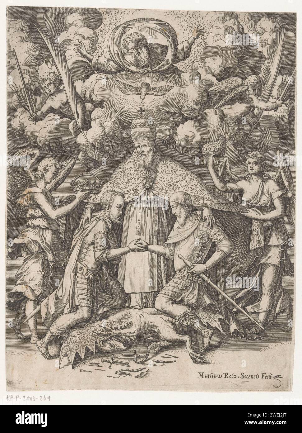 Papst Pius v. Allieert mit Philipp II., König von Spanien, Martino Rota, 1566–1572 Print Papst Pius v. Allieert mit Philipp II., König von Spanien. Er ist in der Mitte; über seinem Haupt Gott der Vater in einer Wolke, der Heilige Geist als Taube und einige Engel mit Palmenzweigen. Für ihn sind Philipp II. Und der Doge van Venice in einer knienden Position. Hinter Philipp II. Ein Engel mit seiner Krone, rechts ein Engel mit einem Hundemantel in der Hand. Unter ihren Füßen ist ein gefallener Drache. Papierätzung / Gravur Papst. Herrscher, souverän. Engel. Heiliger Geist dargestellt als Taube (in Flammen). Gott, der Vater. Andere Sover Stockfoto