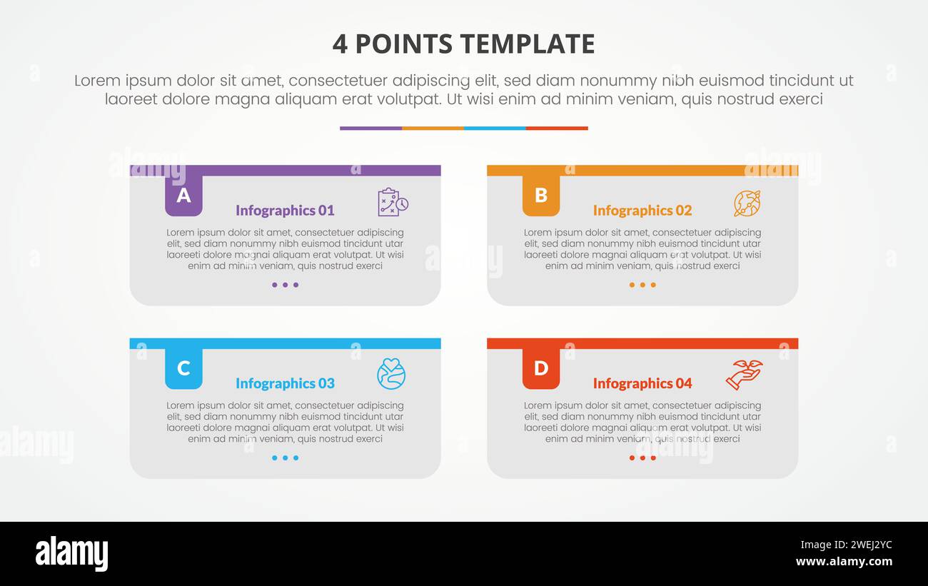 4-Punkte-Bühnenliste-Vorlage Infografik-Konzept für die Präsentation von Folien mit langem rechteckigem Kastenbehälter mit farbigem Abzeichen-Header in flacher Ausführung Stockfoto