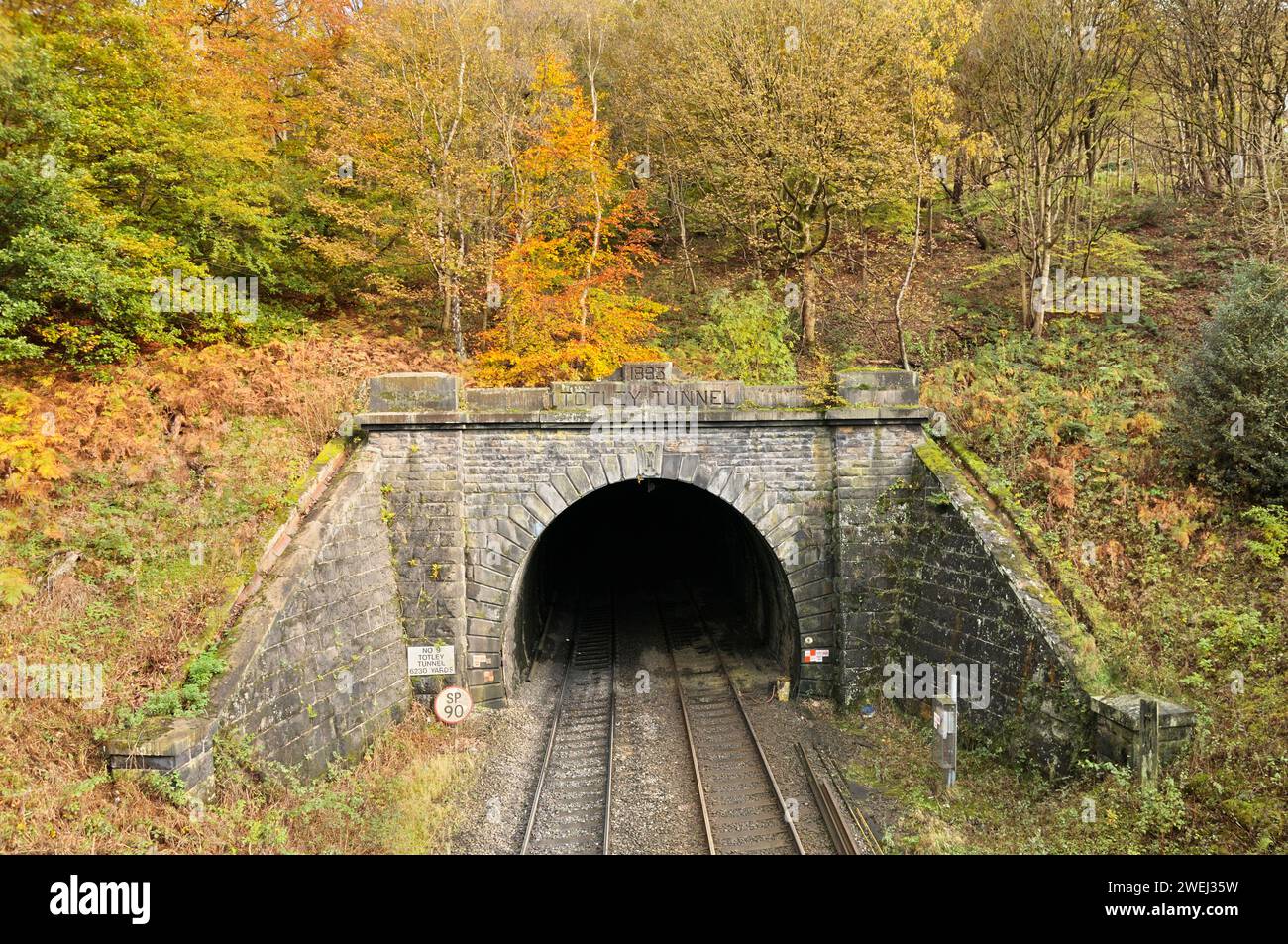 Die Mündung des Totley Tunnels ist von Herbstfarben umgeben und liegt in der Padley Gorge im Peak District, Derbyshire, England, Großbritannien. Eisenbahntunnelzug Tunnelzuggleise Stockfoto