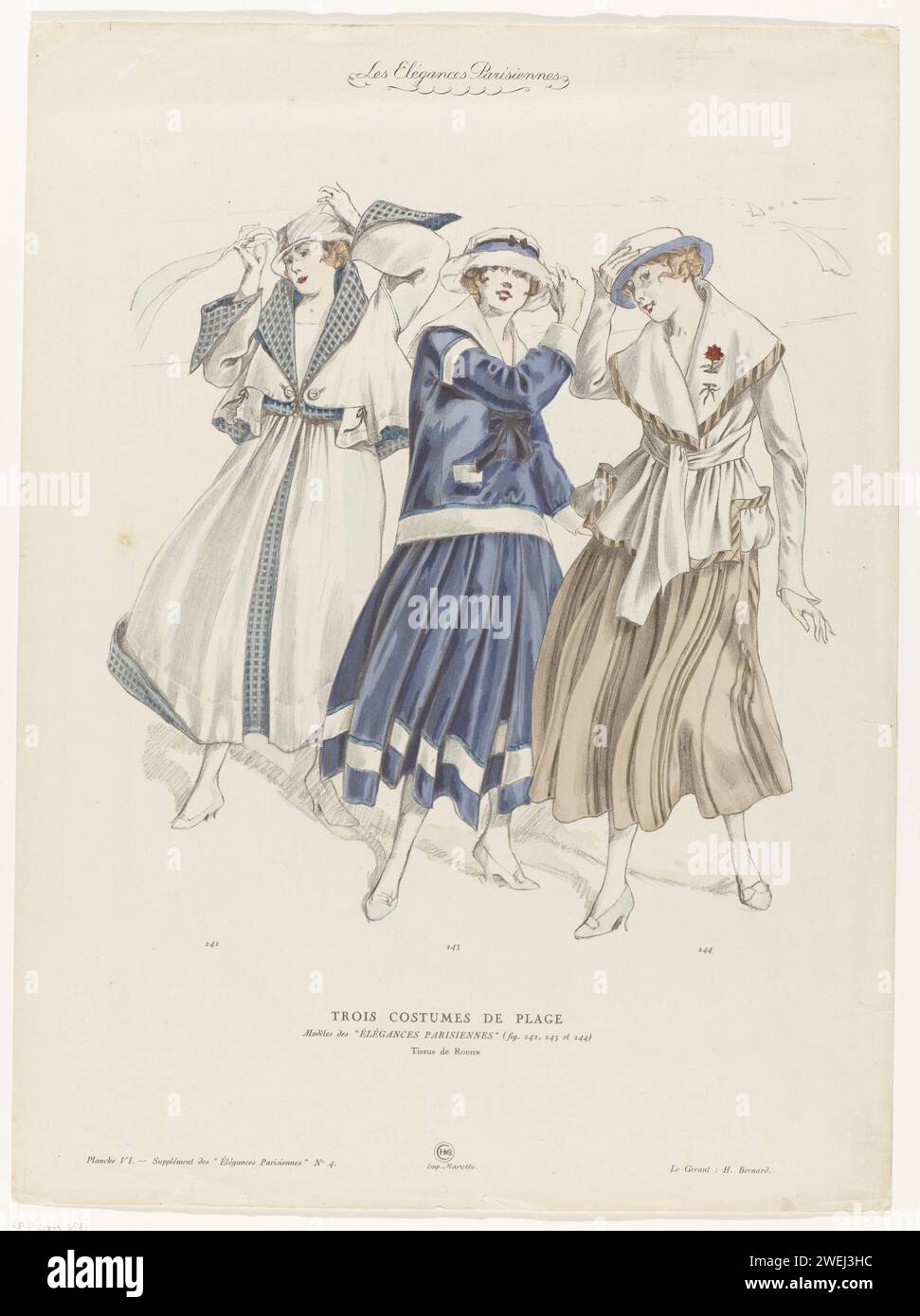 Pariser Eleganz, ca. 1916, Nachtrag Nr. 4, pl. VI in VII, Abb. 242 t/m 249: Drei Plag-Kostüme (...), ca. 1916 Recto: Drei Frauen in Strandkostümen. Nummeriert Abb. 242, 243 und 244. Nach der Überschrift: "Modèles des' élégances parisiennes" Stoffe von Rodier. Verso: Fünf Frauenköpfe mit fünf verschiedenen Hüten, nummeriert Abb. 245-249. Laut Buitirft: "Modèles" von Camille Roger. Druck aus dem Modemagazin Les élégances Parisiennes (1916-1924). Papierteller. Kopfbedeckung: Hut (+ Damenbekleidung). Rock (+ Damenkleidung). Gürtel, Gürtel, Bund (+ Damen Stockfoto