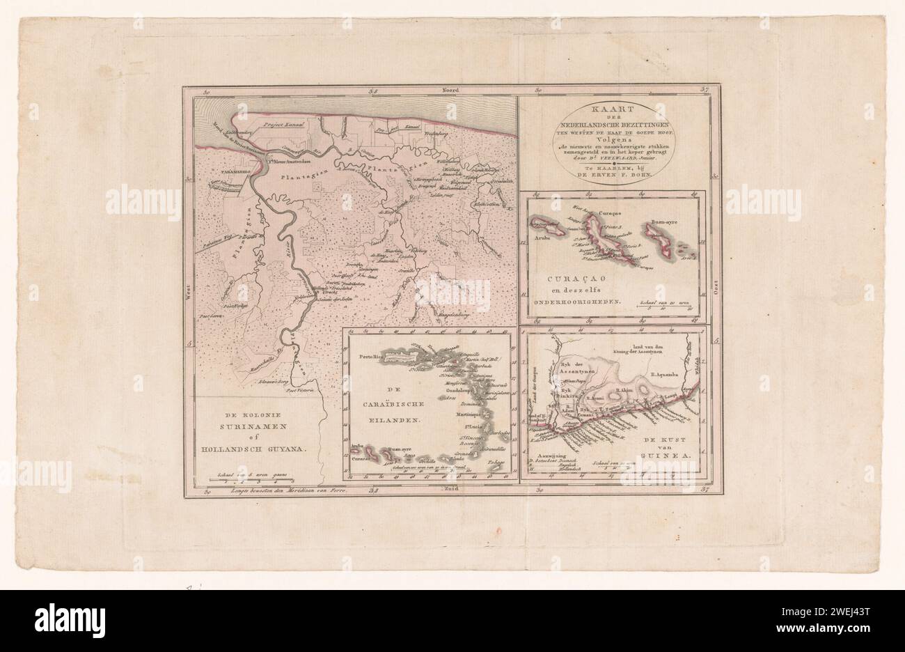 Karte von Suriname mit Karibik, Curacao und Westafrika, Daniël Mreedwaard (I), 1776 - 1851 vier Karten auf einem Blatt drucken, die Hauptkarte Suriname. Darüber hinaus wurden die karibischen Inseln (Aruba bis Puerto Rico), Aruba, Curacao und Bonaire sowie niederländische Besitzungen in Westafrika (dem heutigen Ghana) eingesetzt. Randfarbe auf der Hauptkarte. Papiergravur von Karten getrennter Länder oder Regionen Ghana. Niederländische Antillen Stockfoto