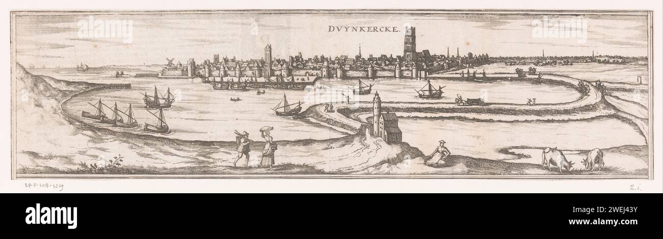 View of Dunkirk, Anonym, 1575 - 1657 Print View of the City of Dunkirk from a Uferon the Water. Papiergravur / Buchdruck Aussicht auf die Stadt, Stadtpanorama, Silhouette der Stadt Dunkirk Stockfoto