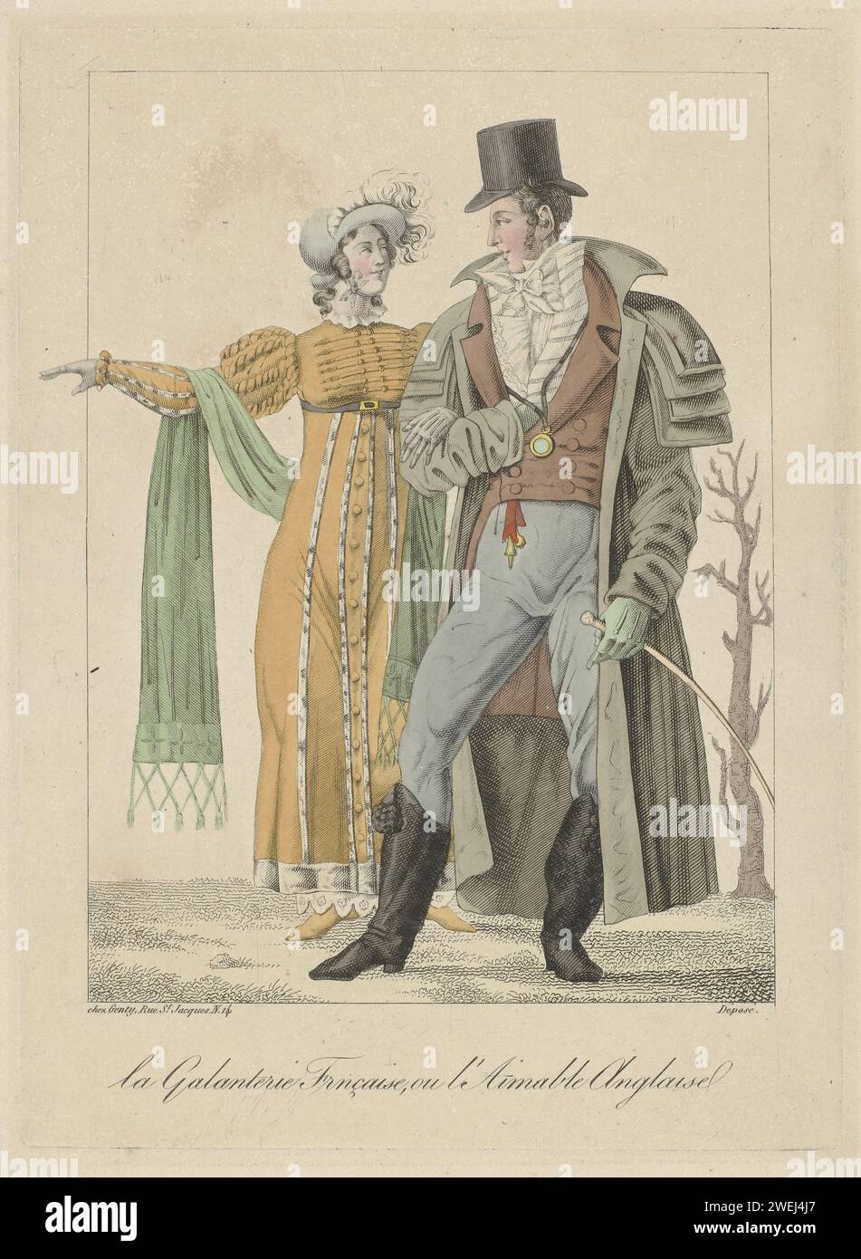 Französische Galanterie oder englischer Charme, ca. 1810 - ca. 1812 Mann und Frau sind bewaffnet. Sie trägt ein hochrangiges Kleid mit erhöhter Taille und langen Ärmeln. Zubehör: Hut mit Federn und Balken, Schal mit Fransen, Gürtel, Schuhe mit spitzen Nasen an den Enden. Er trägt einen Mantel (Carrick) mit vier Schulterkragen, Freak mit zwei Reihen Knoten, gestreifte Weste und lange Hosen. Krawatte und Hemd mit zerknittertem Jabot. Zubehör: Hut, Monokel an einer Schnur, Handschuhe, Breloque, Peitsche, Stiefel mit Bürsten und Fersen. Papiergravur/Ätzen von Modeplatten. Kopfbedeckung: Hut (+ Damenbekleidung). d Stockfoto