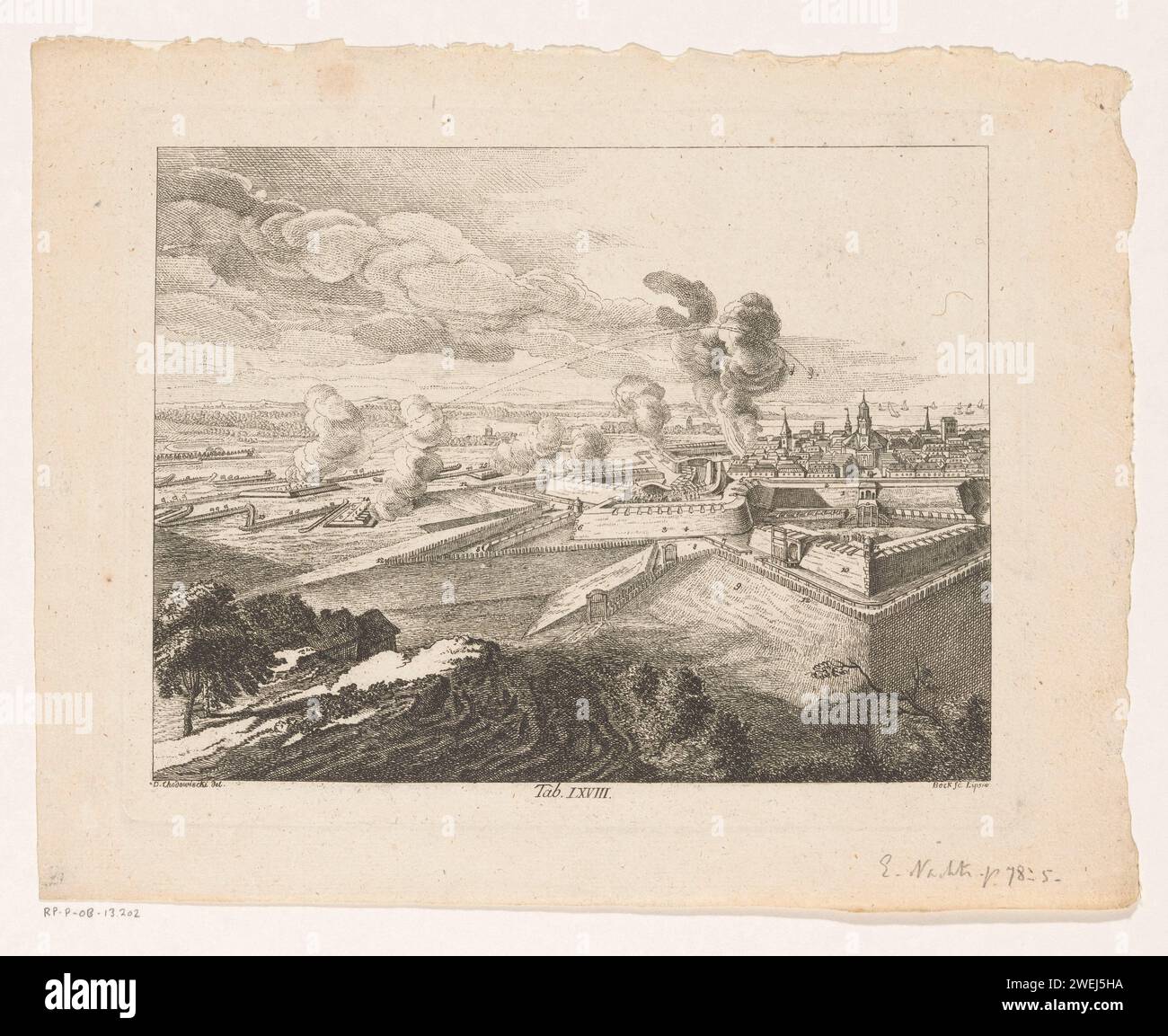 Bombenanschlag auf eine befestigte Stadt, Christoph Wilhelm Bock, nach Daniel Nikolaus Chodowiecki, 1774 Druckpapierätzung Bombardement  Sieg Stockfoto