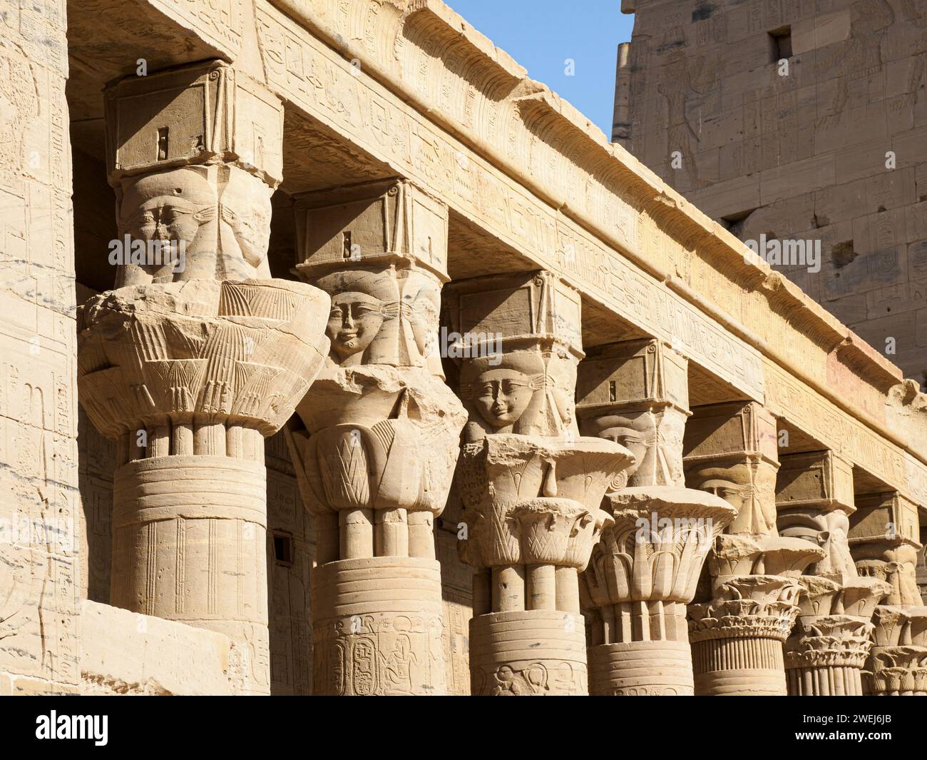 Säulen im Philae-Tempelkomplex, dem Tempel der Isis, derzeit auf der Insel Agilkia, Ägypten. Stockfoto