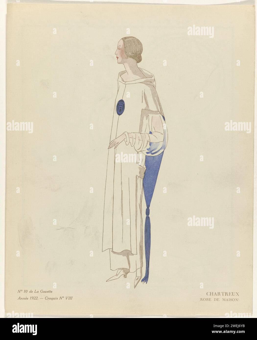 Gazette du Bon Ton, 1922 - Nr. 10, pl. VIII: Chartreux / (Hauskleid), David (möglich), 1922 stehende Frau in einem Kleid mit transparenten Ärmeln; inspiriert von der Ordnung der Kartäuser. Croquis Nr. VIII aus der Gazette du Bon Ton 1922, Nr. 10. Erläuterung der Kleidung auf Seite „description et explaction des Planches horstexte et pages de Croquis. Papier Buchdruck, der Modeplatten druckt. Kleid, Kleid (+ Damenkleidung). Stockfoto