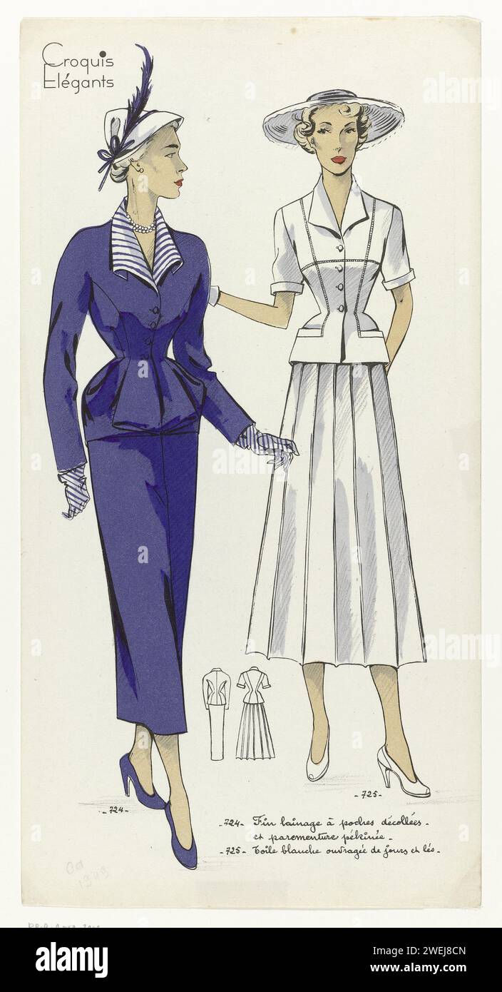 Elegante Skizzen, ca. 1949, Nr. 724 in Nr. 725: End Pocket Wolle (...), um 1949 zwei Ensembles Ende der 1940er Jahre Druck aus dem Croquis Elégants Modemagazin (1931 -...?). Papierteller. Handschuhe, Fäustlinge usw. (+ Damenkleidung). Kopfbedeckung (+ Damenkleidung). Rock (+ Damenkleidung). Kleidung für den oberen Teil des Körpers (+ Damenkleidung). Halskette (+ Damenkleidung) Stockfoto