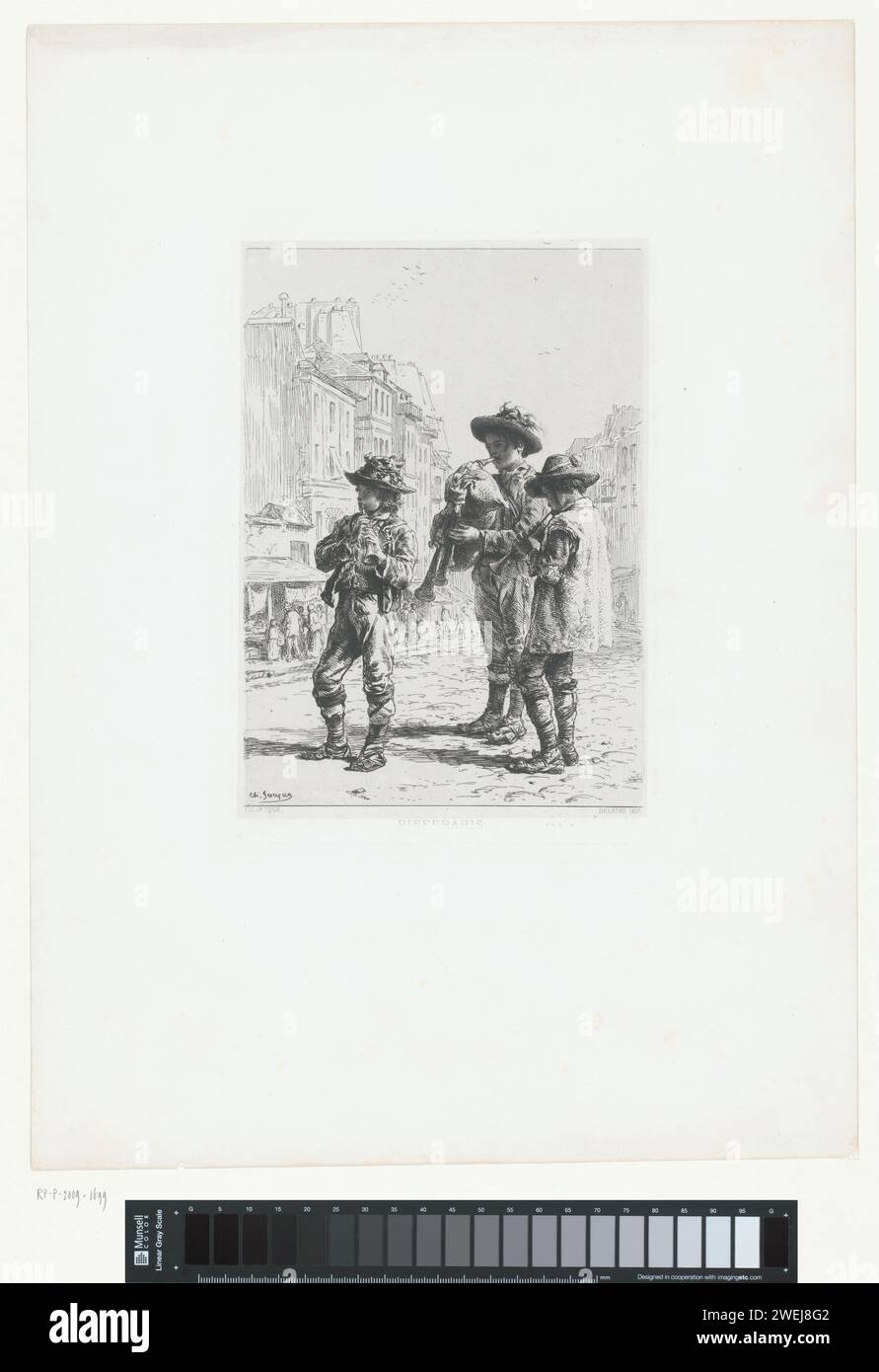 Drei italienische Straßenmusiker (Pifferai), 1864 drucken Einen Dudelsackspieler und zwei Scalmei-Jungs, die auf der Straße spielen. Papier. Radieren/Trocknen/Gravieren Musiker bei der Arbeit - CC - draußen. Dudelsack, Musette - CC - draußen. Beliebte Musik, Straßenmusik Stockfoto