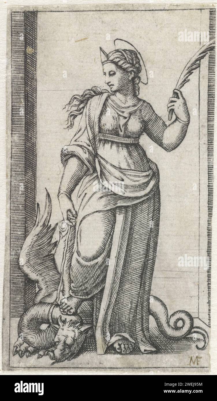 Heilige Margarete von Antiochia mit Drache am Seil, Anonym, nach Marcantonio Raimondi, 1500 - 1575 Druckpapier mit Gravur der Jungfrau Margarete von Antiochia; mögliche Attribute: Kreuz, Krone, Drache (unter den Füßen oder auf Kette), (chaplet of) Perlen Stockfoto
