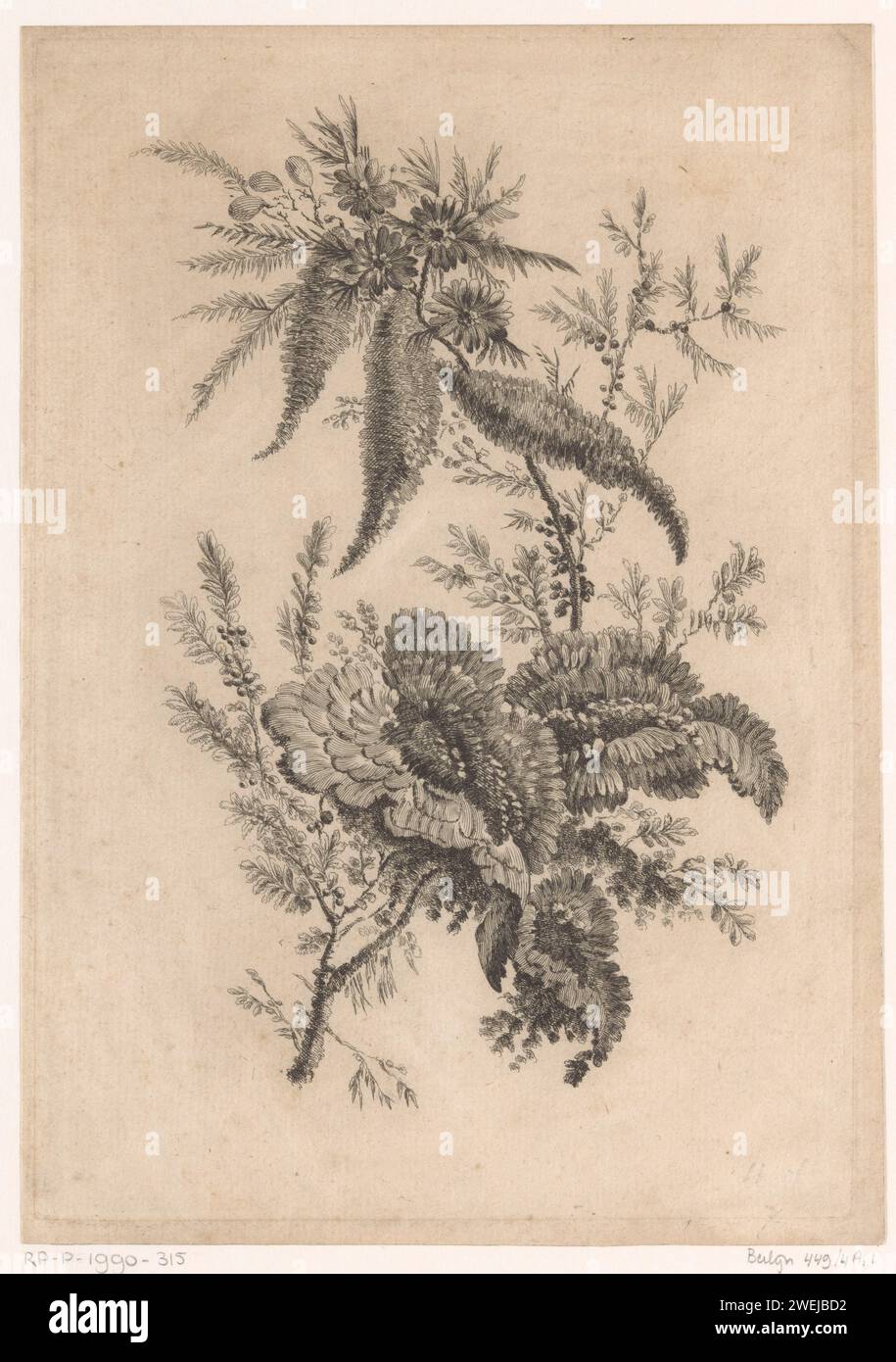 Wilde Rose, 1755 - 1775 Print Zweig mit wildrosenartigen Blüten und kleinen Beeren. Papierätzblumen Stockfoto