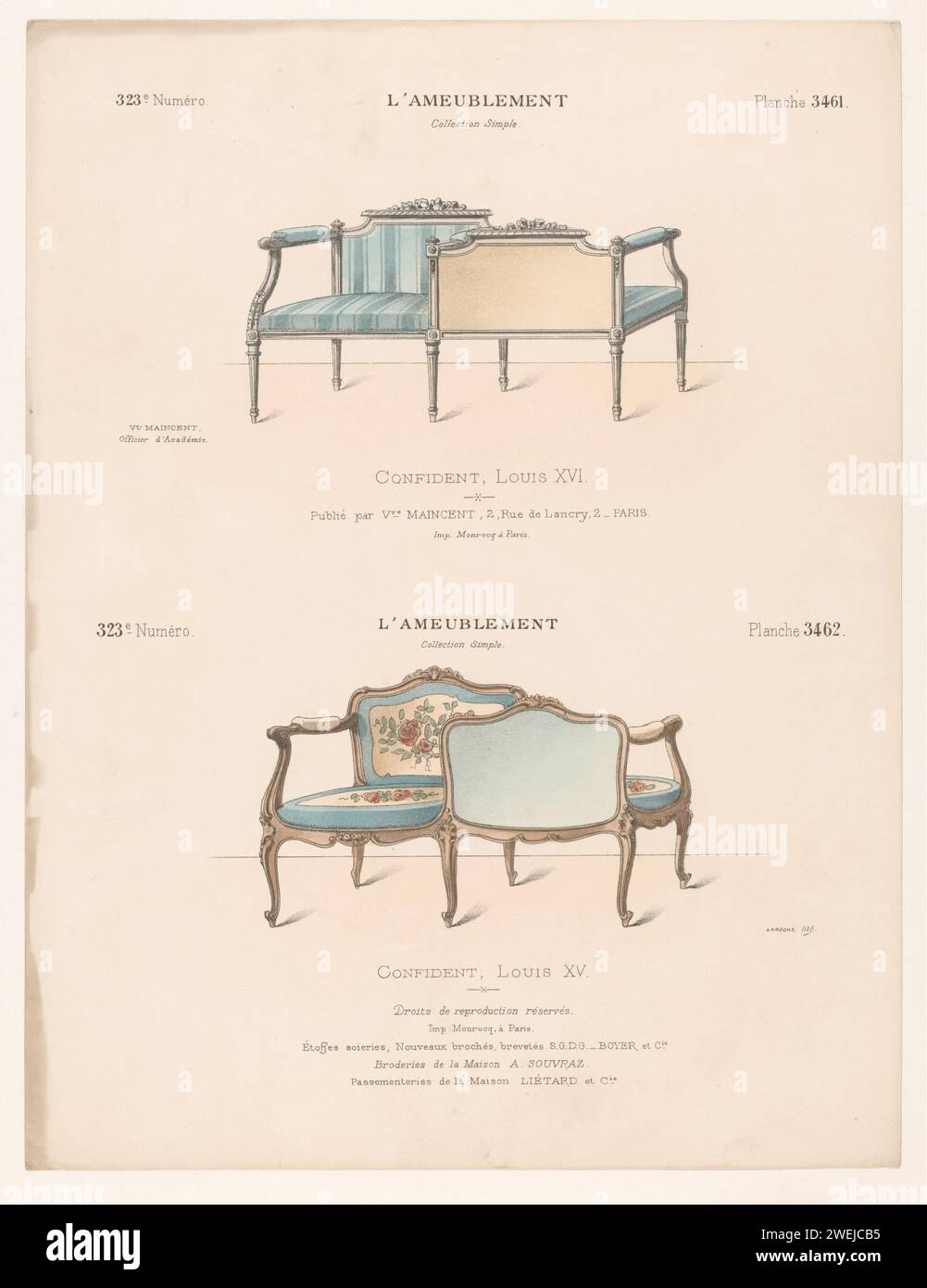 Twee Confidents, Léon Laroche, 1895 drucken zwei Confidents (zwei Sitze nebeneinander, wo die Menschen in die entgegengesetzte Richtung schauen) im Stil von Ludwig XVI. Und Ludwig XV Drucken Sie von der 323. Nummer (Livraison). Papiermöbel Stockfoto