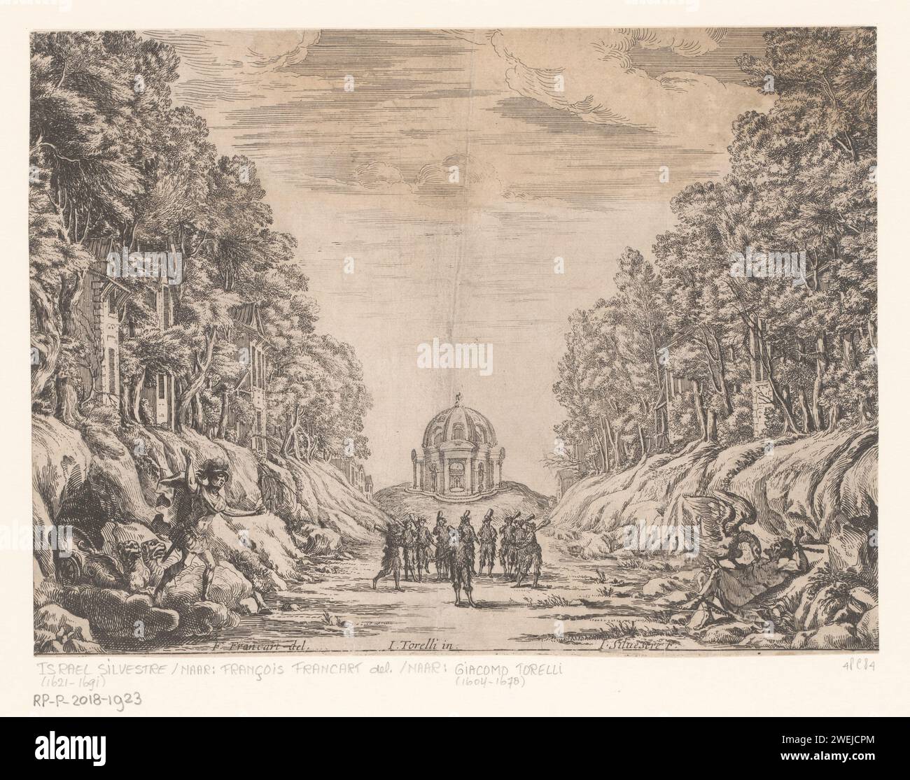 Theaterdekor mit Tempel mit Tänzern vorne, Israel Silvestre, nach Giacomo Torelli, nach Francois Francart (I), 1654 Druckpapier graviert das Ballett, Ballettvorstellung. Bühnendesign. Ein Adler weint an Prometheus' Leber. (Geschichte von) Peleus und Thetis Stockfoto