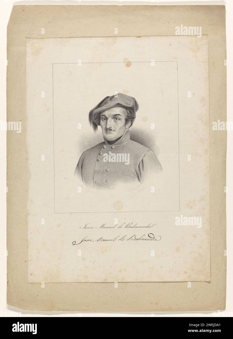 PORRET VAN JUAN MANUEL BALMASEDA, 1840 Druck Juan Manuel de Balmaseda (Fuentecén, 1800-San Petersburgo, 1846). Spanischer Soldat. Büste nach links. Papierhistorische Personen. Erwachsener Mann Stockfoto