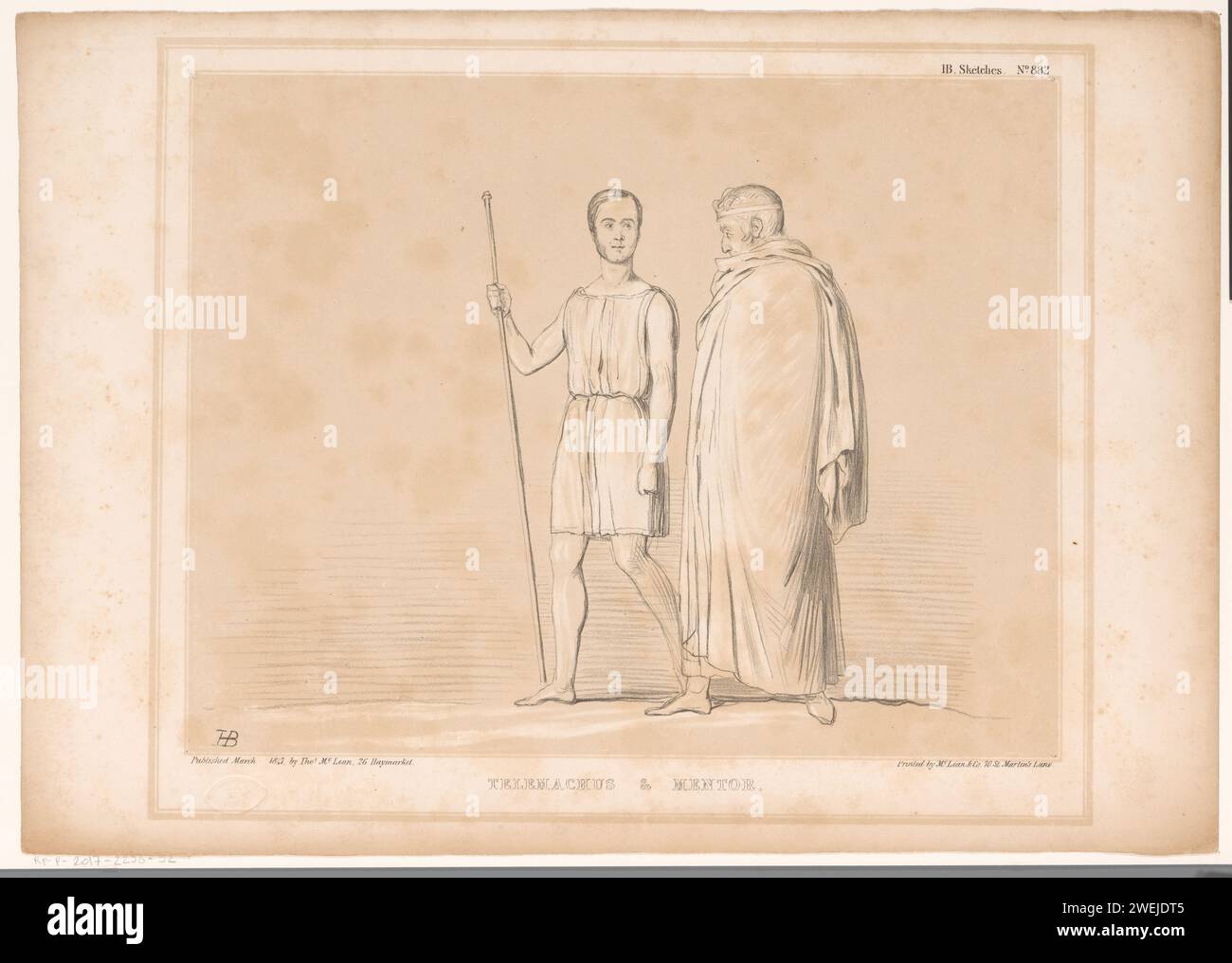 Cartoon mit Lord Lincoln und Sir Robert Peel, John Doyle, 1847 Print Cartoon von 1847 mit Lord Lincoln und Sir Robert Peel als Telemachus und Mentor. Veröffentlicht als Nr. 882 in der Serie HB Sketches. Paper Telemachus beginnt mit Mentor auf der Suche nach seinem Vater. Politische Karikaturen und Satiren Irland Stockfoto