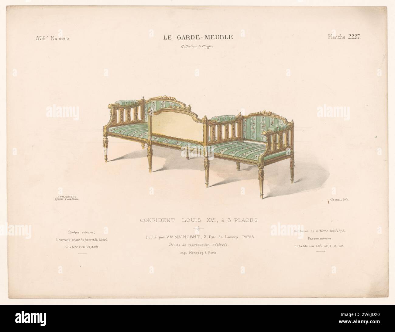 Selbstbewusst, Léon Laroche, 1895–1935, drucken Einen selbstbewussten (drei Sitze zueinander, wo man in die entgegengesetzte Richtung schaut), im Stil Louis XVI. Drucken Sie von der 374. Nummer (Livraison). Papiermöbel Stockfoto