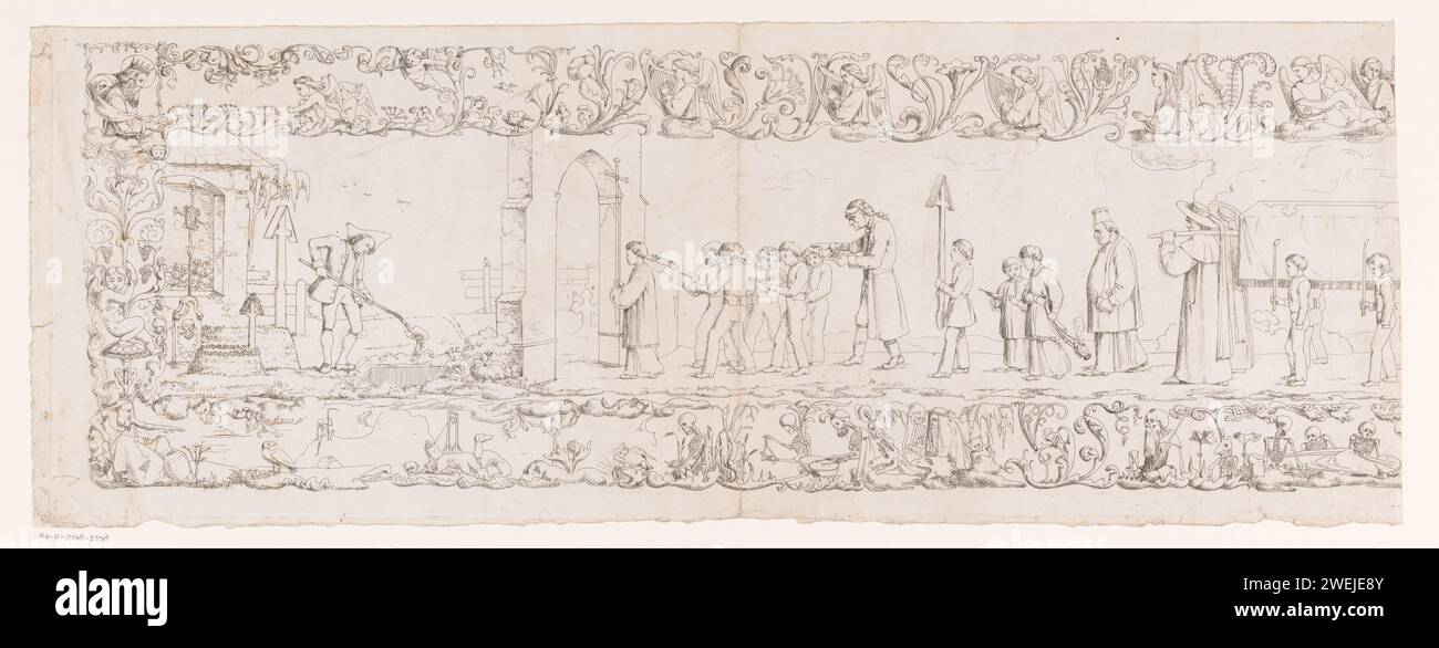 Trauerprozession (linker Teil), Karl Sandhaas, 1825 Druckpapier-Ätzkortege, Trauerprozession. Symbole des Todes. Engel Stockfoto