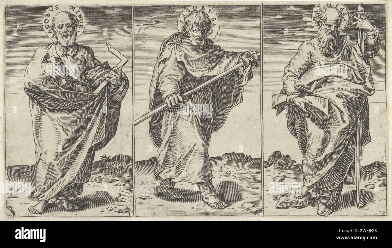 Jakobus de Lessere, Jakobus de Memer und Mattias, Agostino Carracci, 1583 Print Blatt mit drei Aufführungen der Apostel Jakobus der kleine mit Buch und Quadrat, Jakobus der Vorgesetzte mit einem Stab und Mattias, dem Nachfolger von Judas Iskariot, mit einem Schwert. Papier, das den Apostel und Märtyrer Matthias graviert; mögliche Attribute: Axt, Buch, Kreuz, Halberd, Scroll, Schwert. Der Apostel Jakobus der weniger, erster Bischof von Jerusalem; mögliche Attribute: Buch, Fuller's Club, Scroll. Der Apostel Jakob der große; mögliche Attribute: Buch, Pilgermantel, Hut, Muschel, Stab, Brieftasche, Rolle, Schwert Stockfoto