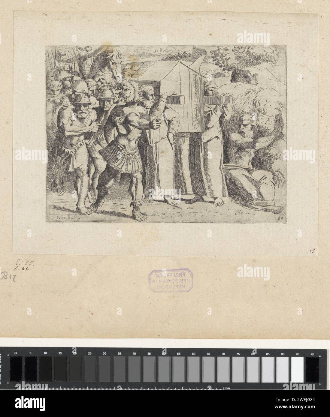 Die Israeliten überqueren den Jordaan mit der Bundeslade Sisto Badalocchio, nach dem Druck von Rafaël 1607 die Israeliten überqueren den Jordaan und einige Priester tragen die Bundeslade auf ihren Schultern. Unten nummeriert: 40. Die Israeliten verlassen ihr Lager, um den Jordanien zu überqueren; die Priester, die die Arche tragen, führen den marsch an Stockfoto