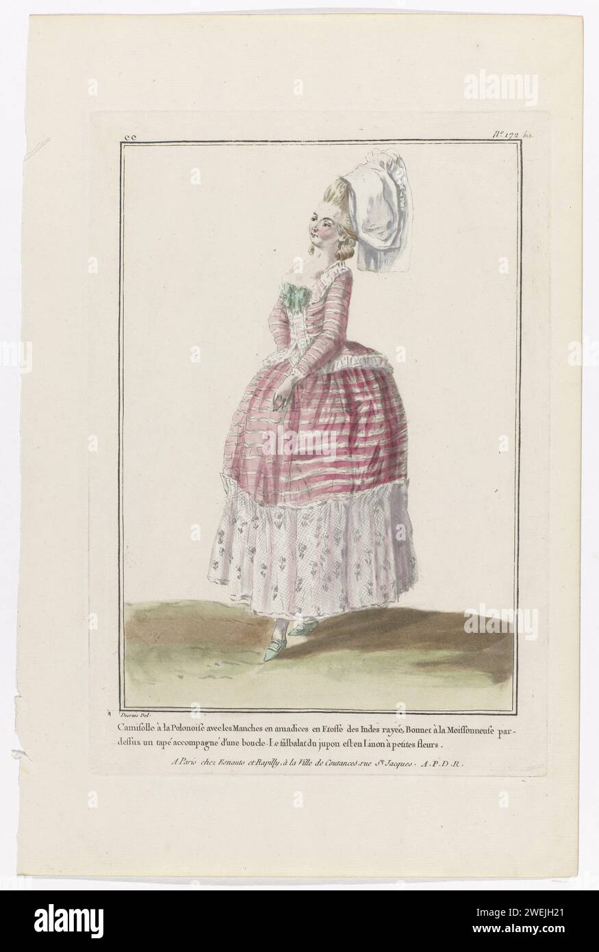 1780, EE 172 (bis): Camisolle à la Polonois (...), 1780 Vrouw in een „Camisolle à la Polonoise“ trifft auf „Sleeves in amadices“ van gestreepte „etofe des Indes“. Rok Traf Falbala Van Linnen Traf Bloemmotief. OP HET HOOFD EEN „MOTORHAUBE AM LESEGERÄT“. Rode Putschoenen bringt Gesp. SERIE UIT EE. 29. Französisches Kostümheft bis als Ergänzung zur 7. Suite modischer Kleider im Jahr 1780, Gallerie des Modes et Kostüumes francais. Papiergravur von Modetafeln. Kopfbedeckung: Kappe (+ Damenbekleidung). Kleidung für den oberen Teil des Körpers (CARACO) (+ wom Stockfoto