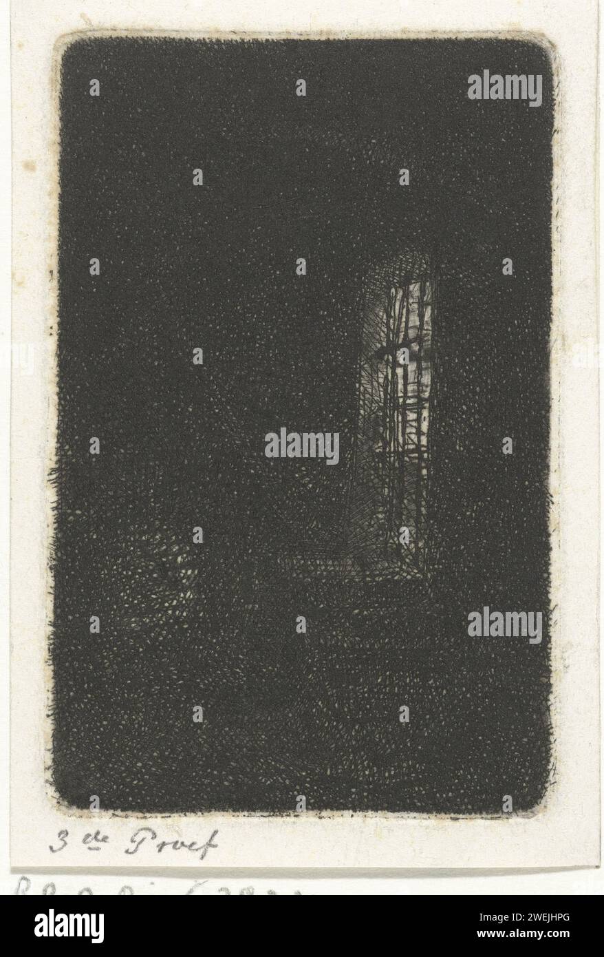Traliehek, James Louis Cornet, 1825 - 1882 drucken Einen dunklen Raum. Ein wenig Licht kommt durch einen Gitterzaun, Papier, das Metallarbeiten einer Tür ätzt Stockfoto