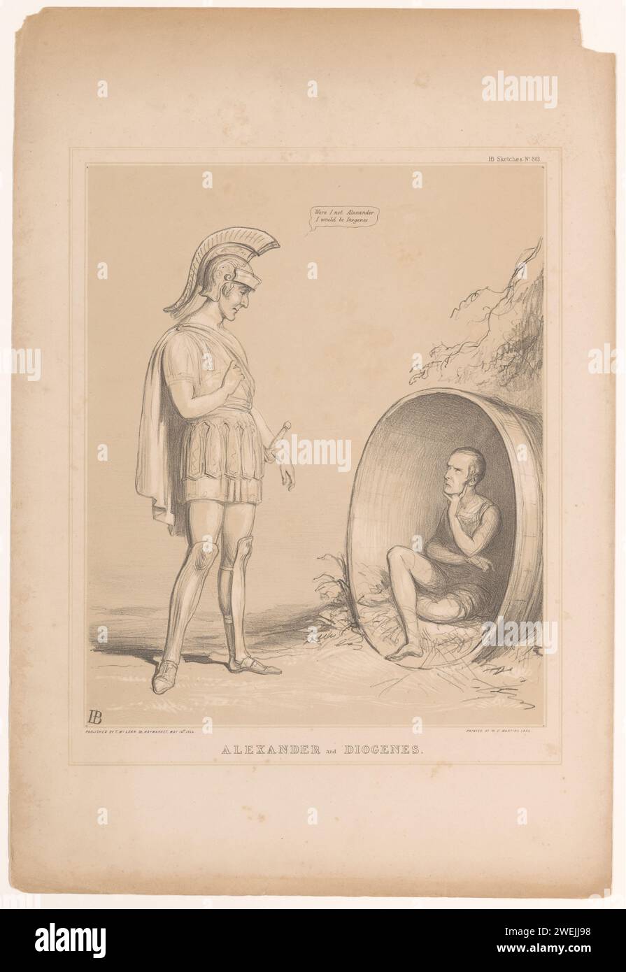 Cartoon mit Sir Robert Peel, John Doyle, 1844 Print Cartoon über die englische Innenpolitik 1844 mit Sir Robert Peel als Alexander und John Arthur Roebuck als Diogenes in einer Tonne. Veröffentlicht als Nr. 803 in der Serie HB Sketches. Papiere Alexanders Besuch bei Diogenes, der neben seinem Fass sitzt und Alexander bittet, aus seinem Licht zu verschwinden. Politische Karikaturen und Satiren Stockfoto