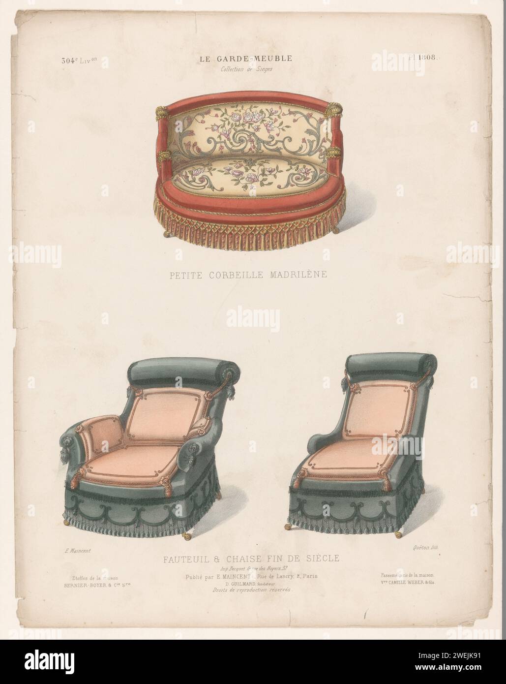 Zwei Sessel und Stuhl, Quéton, 1885 - 1895 drucken zwei Sessel und ein Stuhl. Drucken Sie aus dem 304. Livraison. Papiermöbel Stockfoto