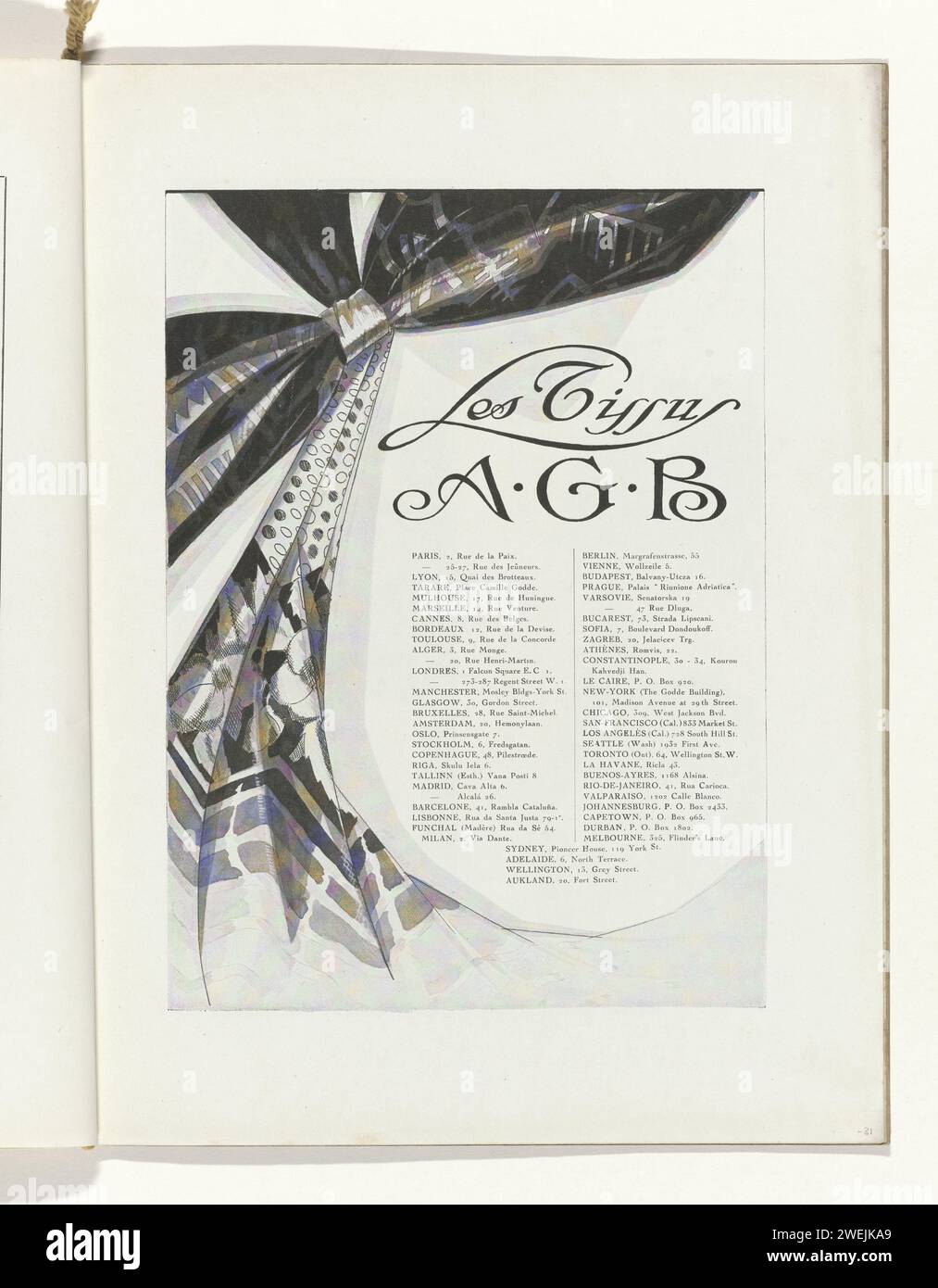 Kunst - Geschmack - Schönheit, weibliche Eleganz Blätter, März 1929, Nr. 103, 9. Jahr, S. 31, Charles Goy, Zeitschrift 1929 Werbung für Lessus A.G.B.. Seite aus dem Modemagazin Art-Goût-Beauté (1920-1933). Papierteller. Textilgewebe, Stoff Stockfoto