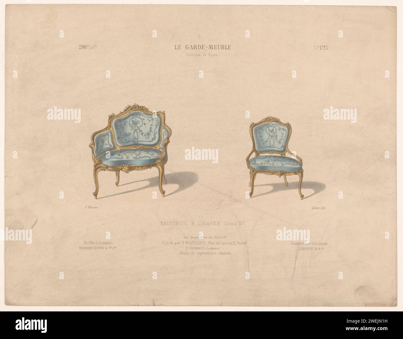 Sessel und Stuhl, Quéton, 1885 - 1895 Druck Sessel und Stuhl im Louis XV Stil. Drucken Sie aus dem 290. Livraison. Papiermöbel Stockfoto