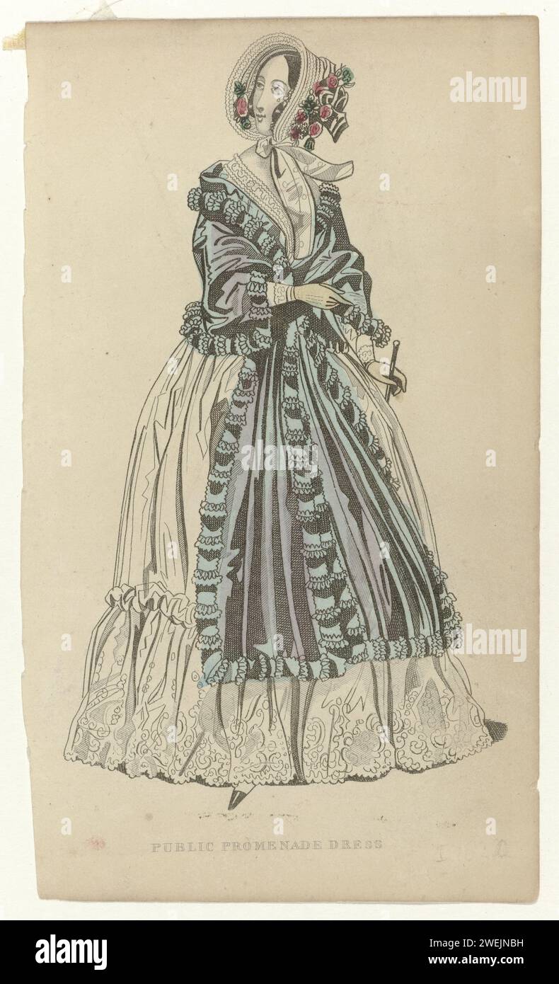 Öffentliches Promenadenkleid, ca. 1835, ca. 1835 Frau in einem wandelnden Kleid, unten mit faltigem Stoffstreifen mit gewelltem Saum verziert. Sie trägt einen kleinen Schultermantel darüber. Auf dem Kopf ein Baldachin Hut mit Schleifenbändern und mit Blumen verziert. Papierätzplatten. Kleid, Kleid: Wanderkleid (+ Damenkleidung). Kopfbedeckung (+ Damenkleidung). Handschuhe, Fäustlinge usw. (+ Damenkleidung). Mantel (+ Damenkleidung). Schuhe, Sandalen (+ Damenkleidung) Stockfoto