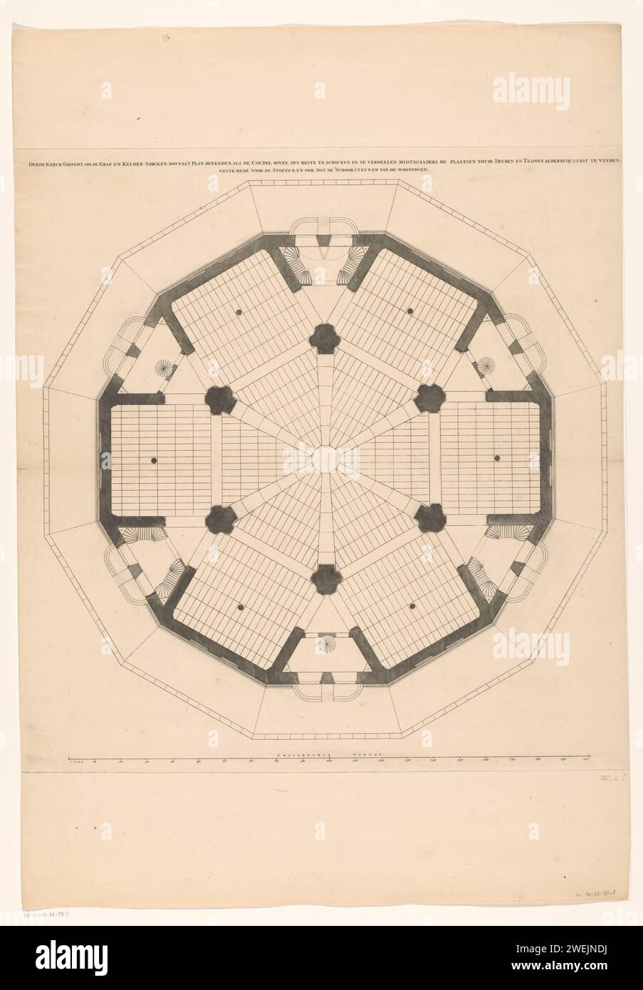 Karte mit der dritten Schicht einer Kuppelkirche für den Botermarkt in Amsterdam, Daniël Stopendaal (möglich), nach Nicolaas Listingh, ca. 1700 - 1705 drucken Karte mit der dritten Schicht einer Kuppelkirche für den Botermarkt, den heutigen Rembrandtplein in Amsterdam. Unter einer Schüssel: 200 Amsterdam Fuß. Nicht ausgeführte Architektur Design Papier Gravur / Ätzkirche (außen). Innenraum der Kirche. Plan  Architektur Botermarkt. Rembrandtplein Stockfoto