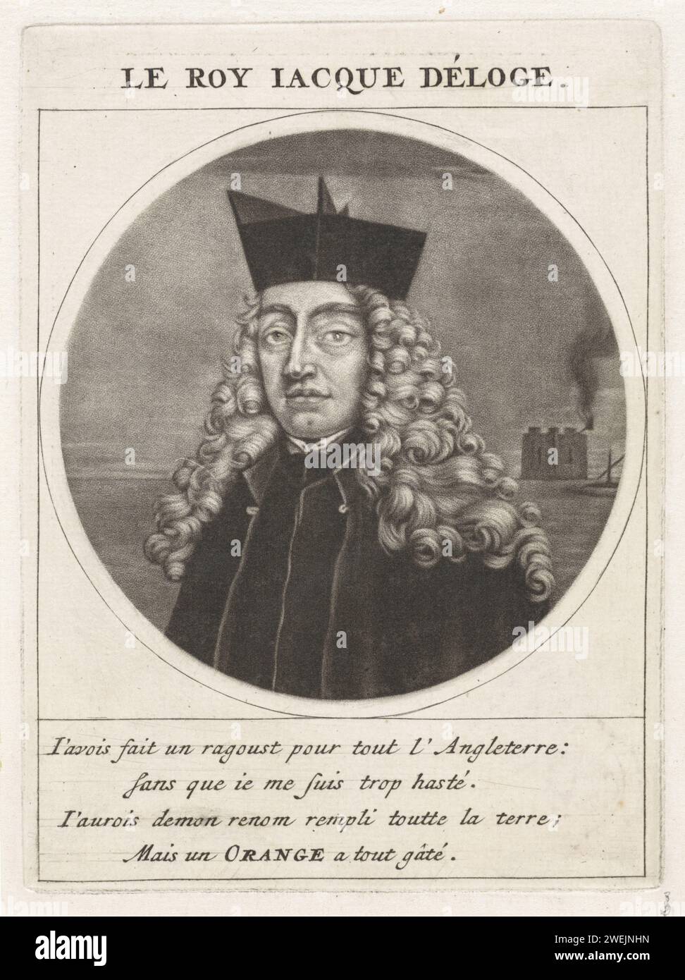 Porträt von Jacobus II., König von England, Jacob Gole, nach Cornelis DuSart, 1691 Druck Jacobus II. Von England (Jacques Déloge). Er trägt kirchliche Kleidung. Ein brennendes Gebäude im Hintergrund. Der Druck ist Teil einer Serie mit Cartoons über Ludwig XIV. Und seine Umgebung. Papiergravur politischer Karikaturen und Satiren. Perücke Stockfoto