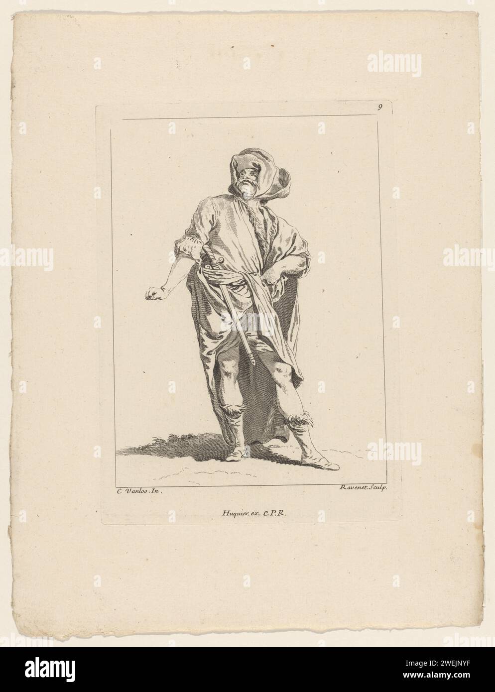Stehender Mann Hand in der Seite, Simon Francois Ravenet (Le Vieux), nach Carle van Loo, 1732–1740 Druck Standing man mit Schnurrbart, Kopftuch und langem Mantel. Mit ausgestrecktem rechten Arm, die linke Hand in der Seite, blickt nach oben. Ein Schwert im Gürtel, von vorne gesehen. Rechts oben nummeriert: 9. Teil einer Serie von zwölf Druckgrafiken mit Figuren in dramatischen Posen, oft in „östlichen“ Fantasy-Kostümen gekleidet, nach Zeichnungen von Carle van Loo, die während seines Aufenthaltes in Rom (1728–1732) entstanden sind. Papierätzer (auf der Bühne). Zeichen (menschliche Typen). Leidenschaften, Emotionen, Zuneigung. Asiatische Rennen und Stockfoto