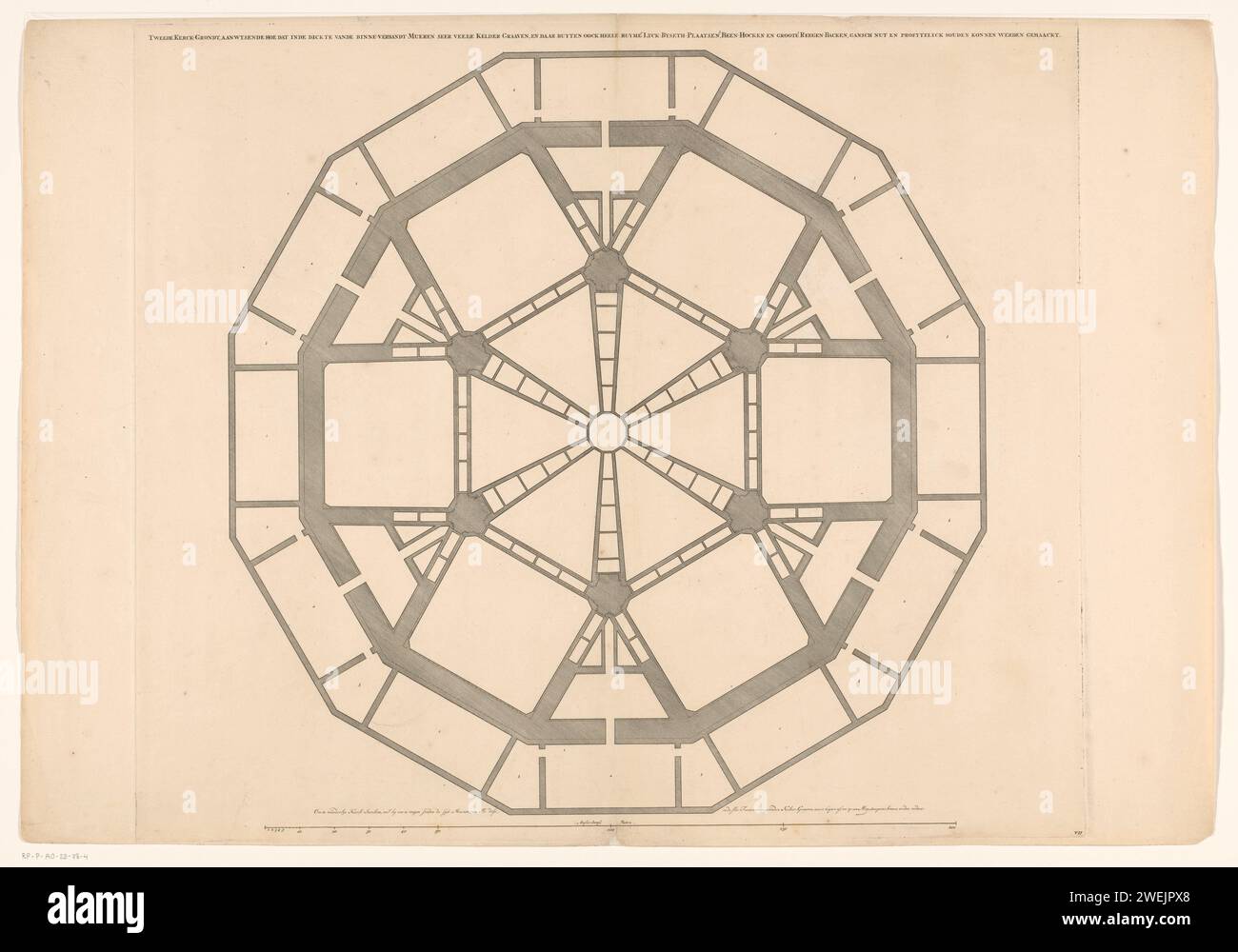 Karte mit der zweiten Schicht einer Kuppelkirche für den Botermarkt in Amsterdam, Daniël Stopendaal (möglich), nach Nicolaas Listingh, ca. 1700 - 1705 drucken Karte mit der zweiten Schicht einer Kuppelkirche für den Botermarkt, den heutigen Rembrandtplein in Amsterdam. Die Konstruktion berücksichtigt Grabkeller, Gräber, Pudalhäuser und Regenboxen. Unter einer Schüssel: 200 Amsterdam Fuß. Unten rechts nummeriert: VII Architekturdesign nicht ausgeführt. Papierstich / Ätzkirche (außen). Innenraum der Kirche. Plan  Architektur Botermarkt. Rembrandtplein Stockfoto
