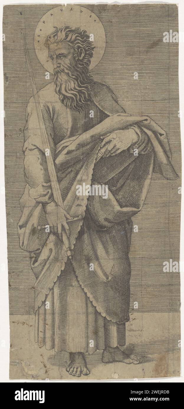 Paul mit Zwaard, Marcantonio Raimondi, nach Rafaël, 1517–1527 Druckpapier mit dem Stich des Apostels Paulus von Tarsus; mögliche Attribute: Buch, Schriftrolle, Schwert Stockfoto