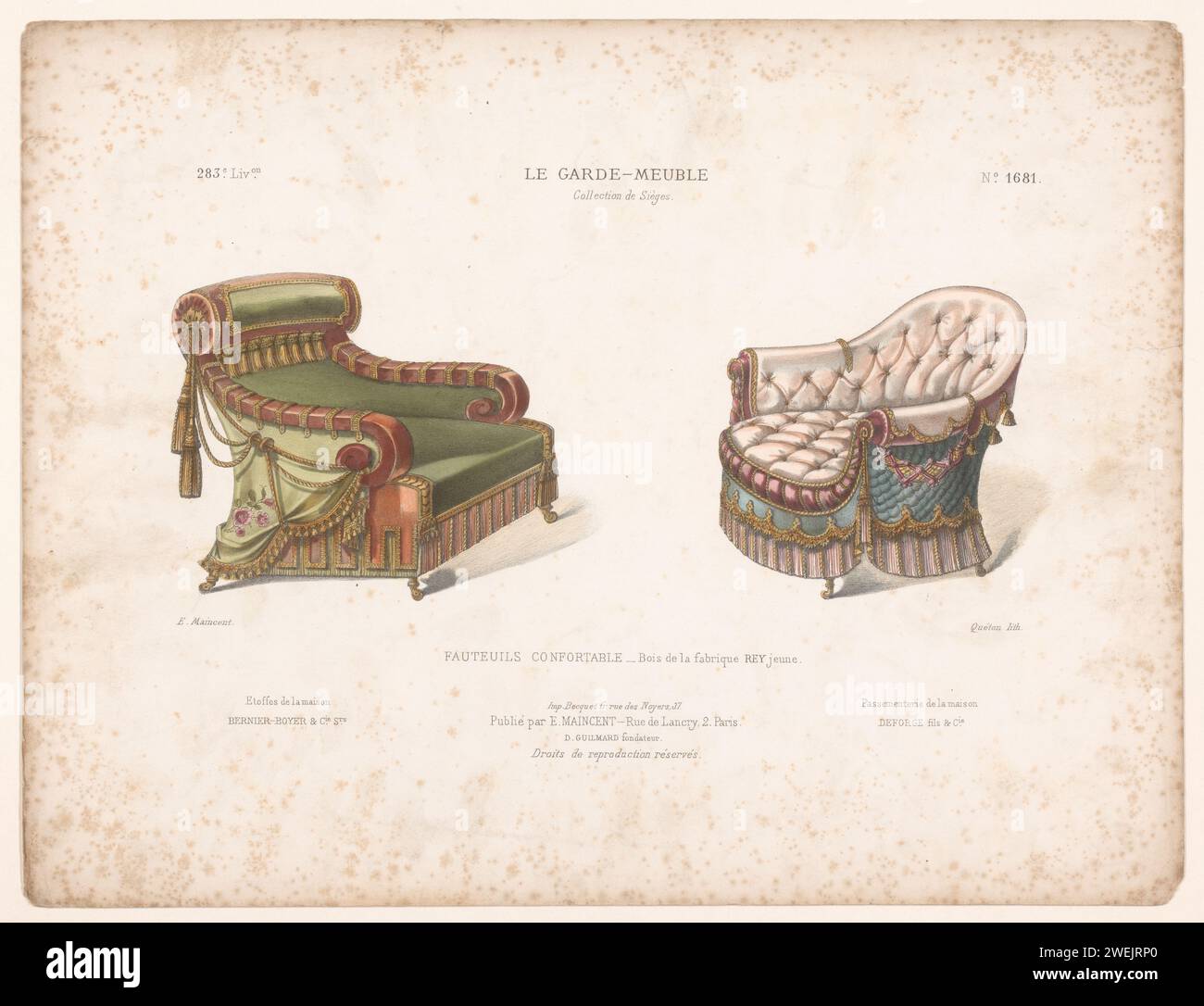 Twee-Sessel, Quéton, Twee-Sessel mit 1885 - 1895 Print. Nehmen Sie die 283. Lieferung an. Papiermöbel Stockfoto