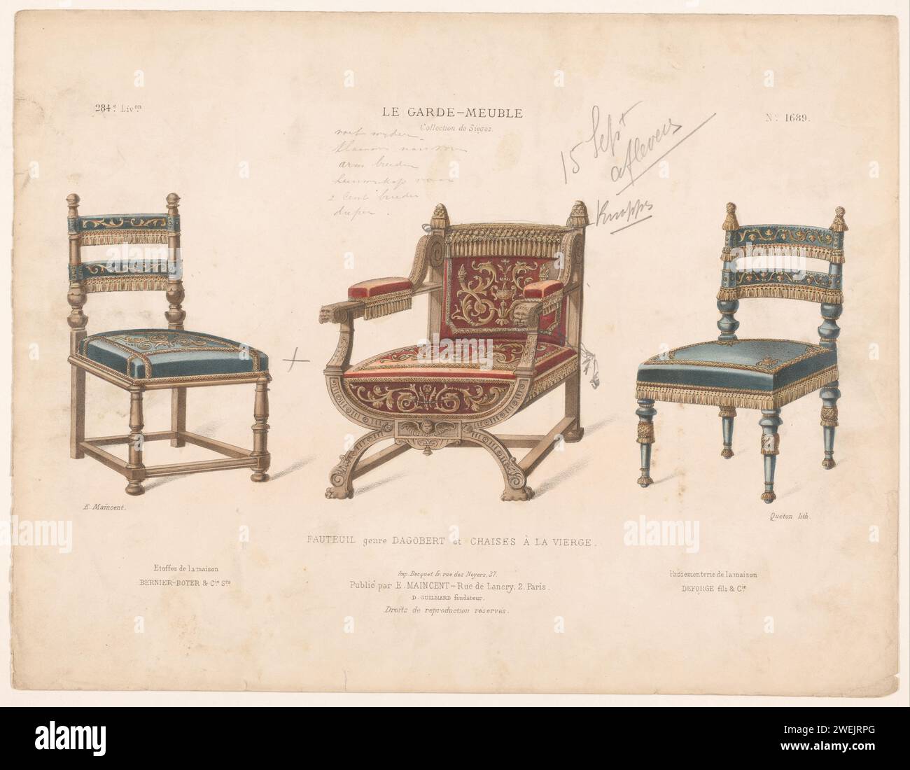Sessel und zwei Stühle, Quéton, Sessel mit Druckmuster 1885 - 1895 und zwei Sitze. Drucken Sie aus dem 284. Livraison. Papiermöbel Stockfoto
