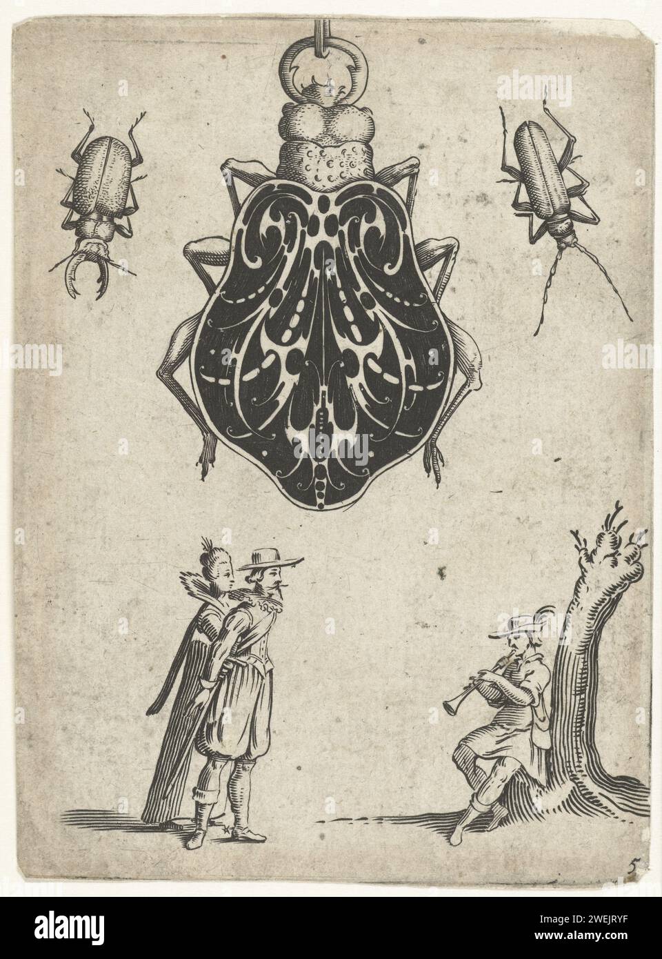 Schwarzes Ornament in Form eines Käfers, anonym, nach Jean Toutin, ca. 1619 - ca. 1694 Druck Schwarzes Ornament in Form eines Käfers. Links und rechts ein kleiner Käfer. Unter ihnen eine Dame und ein Gentleman, die für einen Spielmann stehen, der ein Blasinstrument spielt. Papierätzung Stockfoto
