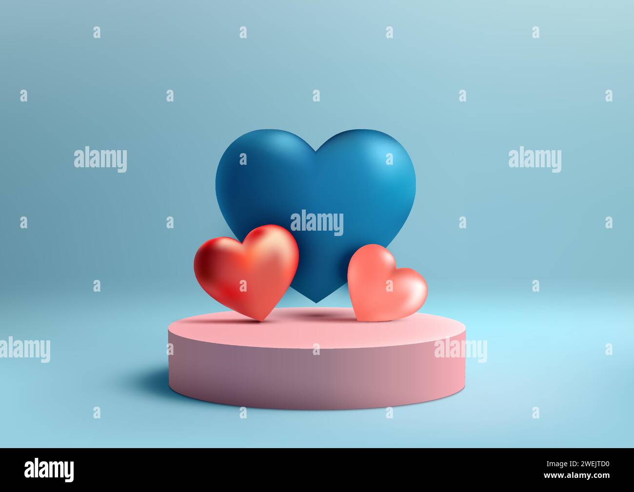 Valentinstag-Display mit diesem blauen 3D-Podium-Modell. Rote und blaue Herzglanzelemente mit blauem Hintergrund, perfekt zur Präsentation von Produkten, BH Stock Vektor