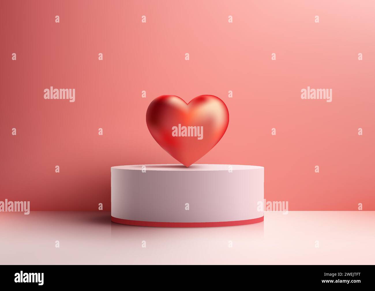 3D White Podium Mockup. Minimalistisches Design mit rotem Herzhintergrund rückt Ihr Produkt zum Valentinstag ins Rampenlicht. Vektorabbildung Stock Vektor