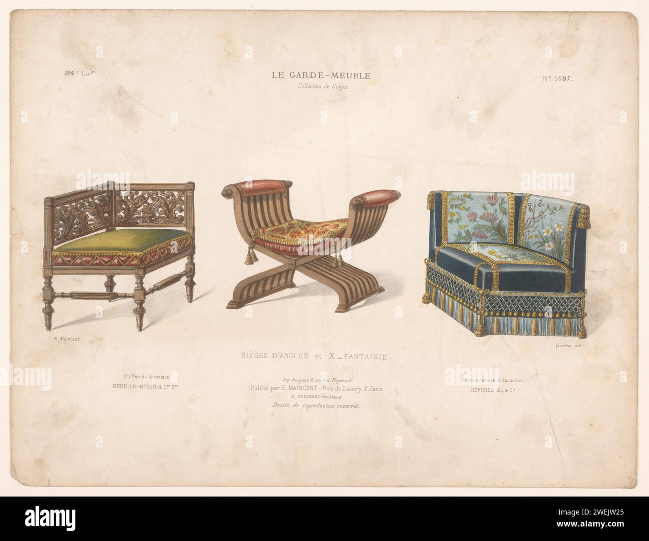 Drei Stühle, Quéton, 1885 - 1895 drucken drei Sitze. Drucken Sie aus dem 284. Livraison. Papiermöbel Stockfoto