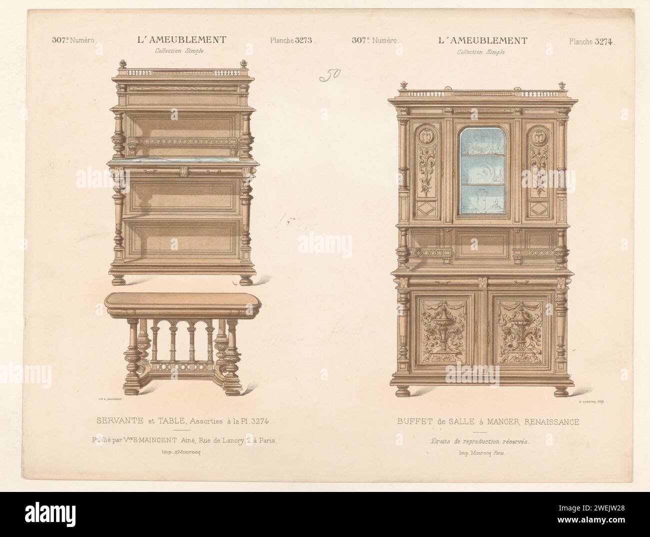Schrank, Tisch- und Buffetschrank, Léon Laroche, 1895 Druck Ein offener Renaissance-Schrank, Tisch und Buffetschrank. Drucken Sie aus dem 307. Livraison. Papiermöbel zur Aufbewahrung. Tabelle Stockfoto