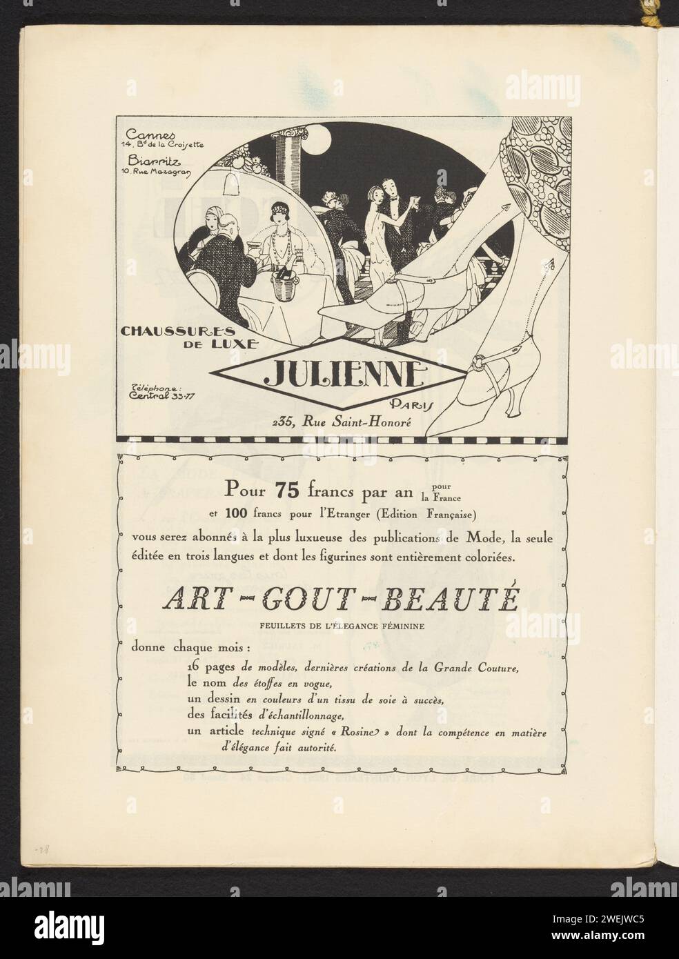 Kunst - Geschmack - Schönheit, weibliche Eleganz Blätter, Februar 1926, Nr. 66, 6. Jahr, S. 28, Anonym, 1926 Zeitschriftenwerbung für verschiedene Produkte, darunter auch für Schuhe von Julienne. Seite aus dem Modemagazin Art-Goût-Beauté (1920-1933). Papierteller. Schuhe, Sandalen (+ Damenkleidung). Mehr als ein Paar tanzt Stockfoto