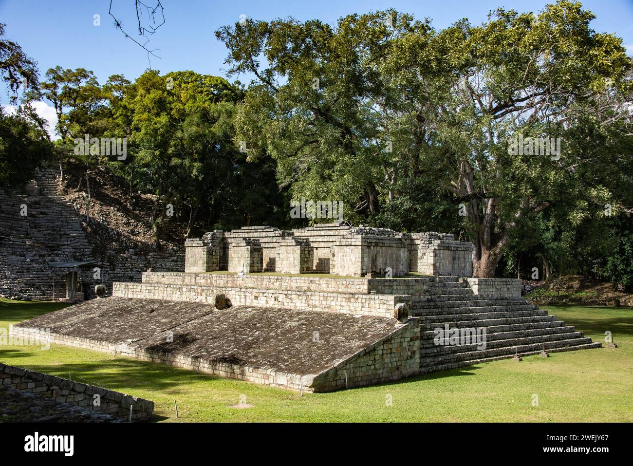 Blick auf den Ball Court in den Copan Mayan Ruinen, Copan Ruinas, Honduras Stockfoto