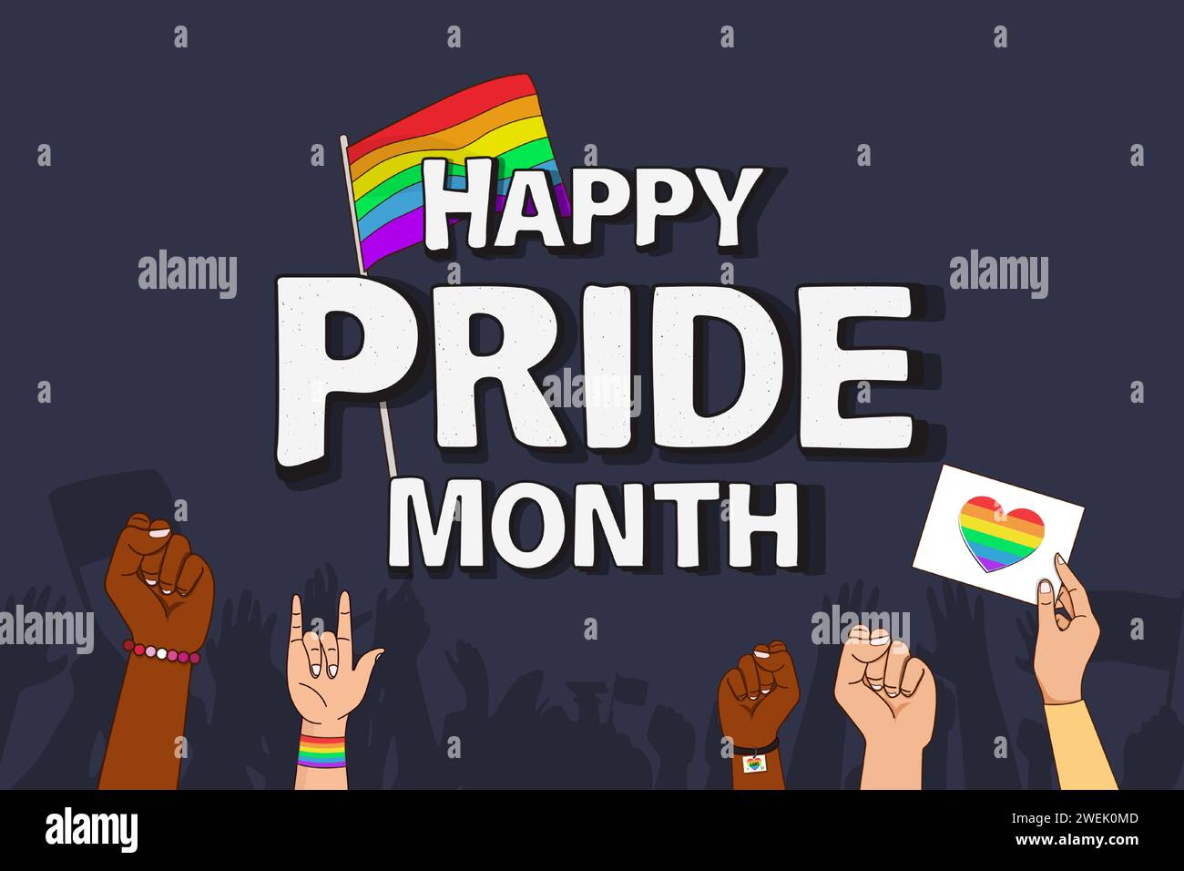 Hintergrund zur Feier des Homosexuellen-Stolz-Monats mit erhobenen Händen und Regenbogenfahne Stock Vektor