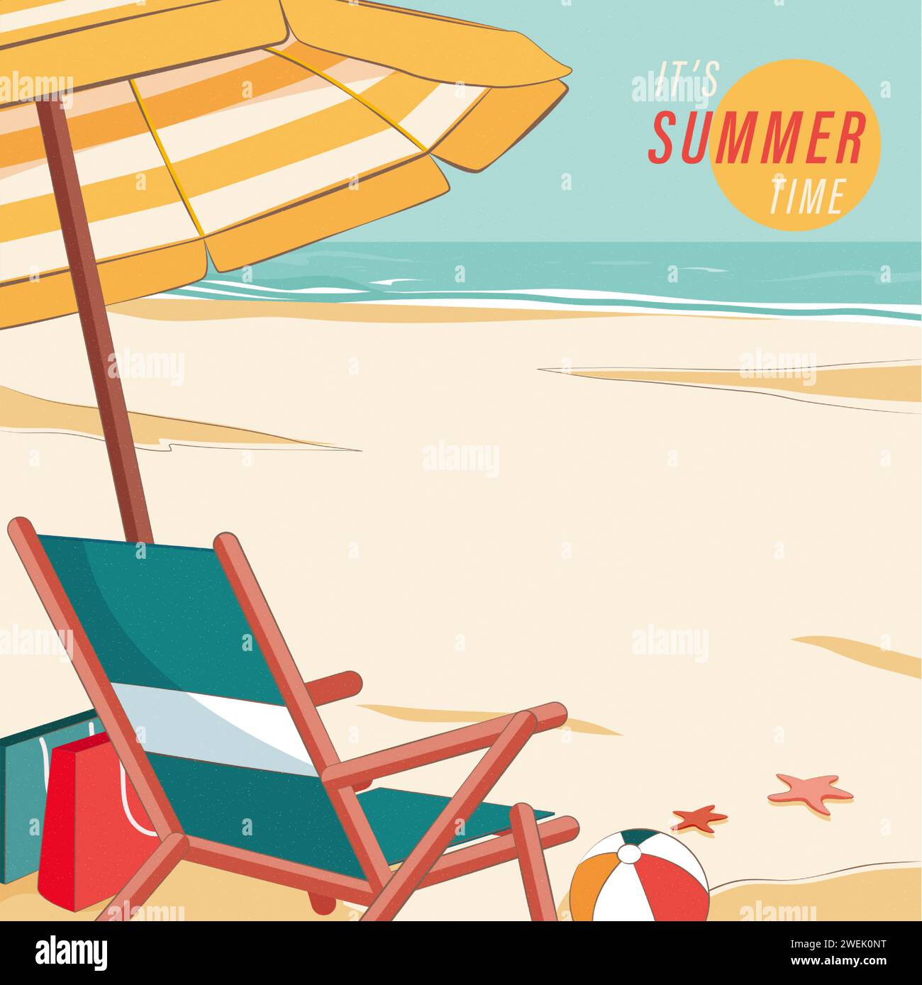 Sommer-Vektor-Hintergrund mit Liegestühlen und Sonnenschirm Stock Vektor