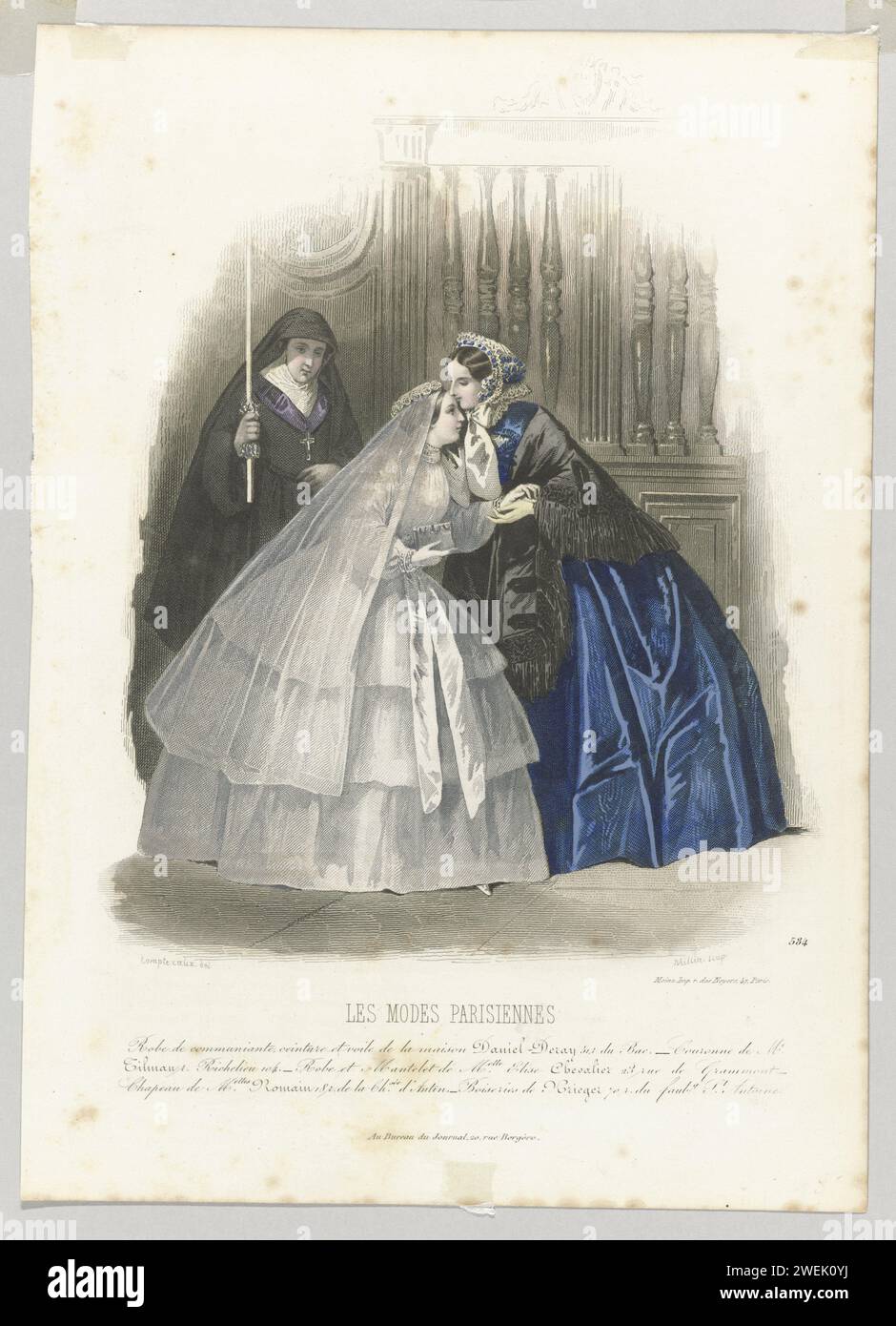 Les Modes Parisiennes, 1854, Nr. 584: Kommunizierendes Kleid (...), 1854 Eine Frau küsst ein Mädchen in Kommunionkleidung auf die Stirn; im Hintergrund eine Nonne. Nach der Bildunterschrift: Weißes Kleid für die erste Heilige Kommunion oder die H. Vormsel mit Gürtel und Voile der Daniel-Deray-Kompanie. Die Krone von Tilman. Kleid und Schultermantel von Elise Chevalier. Hut von Romain. Holzarbeiten von Krieger. Druck aus dem Modemagazin Les Modes Parisiennes (1843-1885). Papiergravur von Modetafeln. Nonne(n). Erster Kommunikant. Schleier (+ Damenkleidung). Kopfbedeckung (+ Damenkleidung). Mantel (+ Damenkleidung Stockfoto